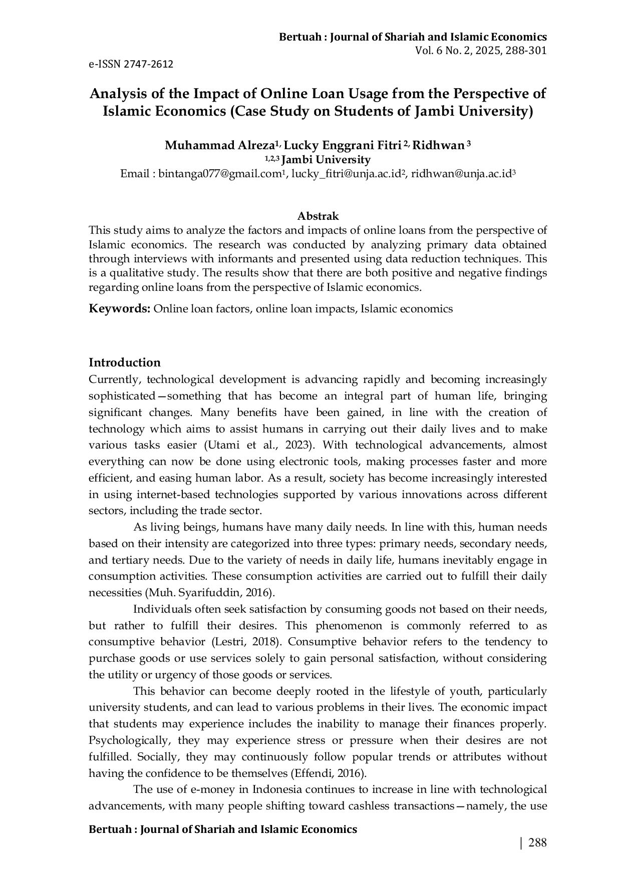 JURIS Analysis of the Impact of Online Loan Usage from the Perspective of Islamic Economics Case Study on Students of Jambi University