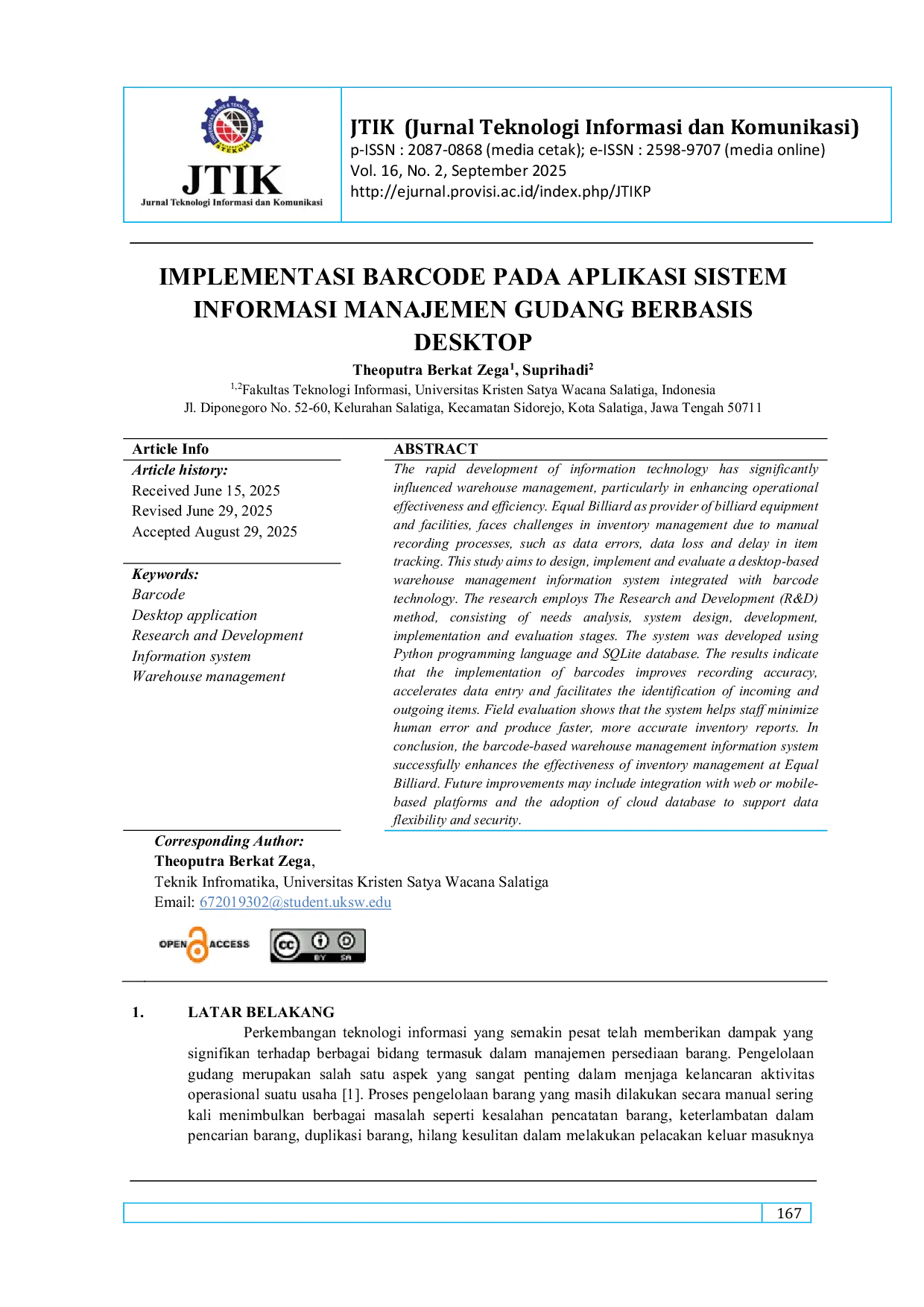 JURIS Implementasi Barcode Pada Aplikasi Sistem Informasi Manajemen Gudang Berbasis Desktop