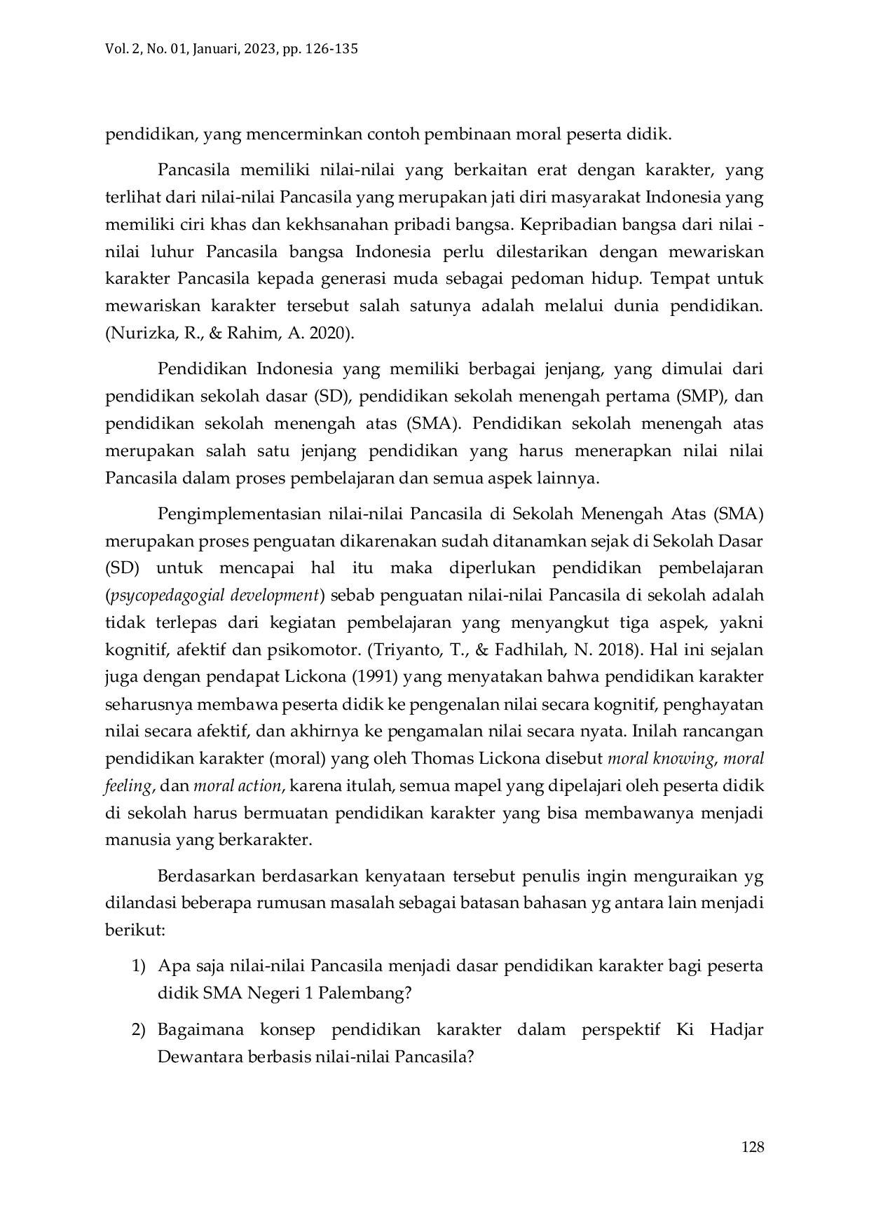 JURIS Implementasi Penguatan Nilai Nilai Pancasila Pada Era Globalisasi Pendidikan Abad 21di Sma Negeri 1 Palembang