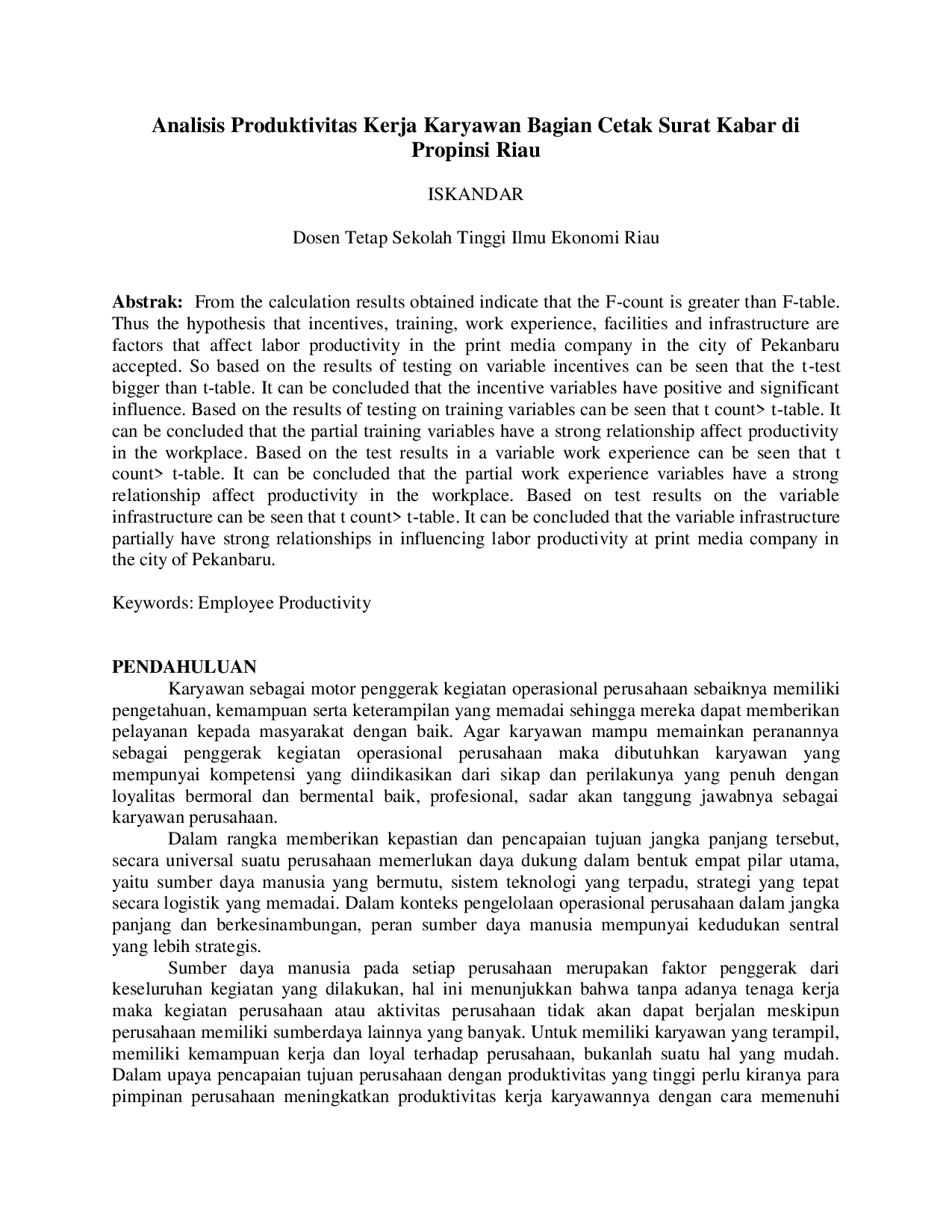 juris Analisis Produktivitas Kerja Karyawan Bagian Cetak Surat Kabar di Propinsi Riau