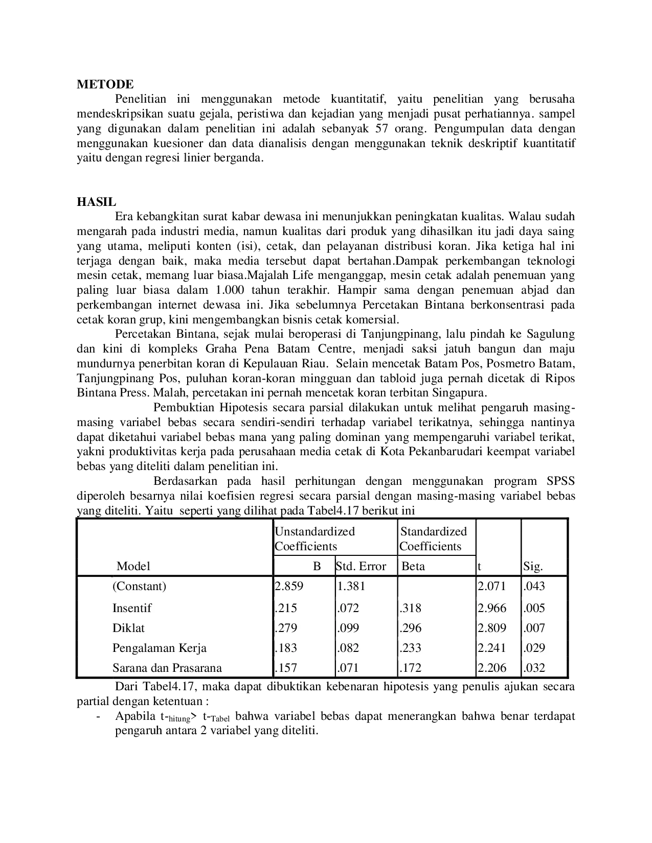 juris Analisis Produktivitas Kerja Karyawan Bagian Cetak Surat Kabar di Propinsi Riau
