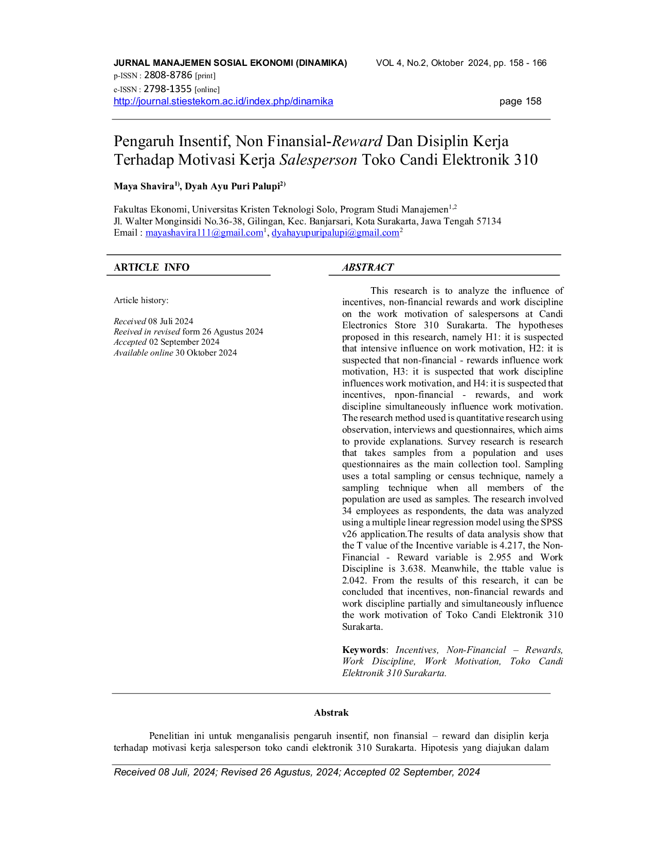 JURIS Pengaruh Insentif Non Finansial Reward dan Disiplin Kerja terhadap Motivasi Kerja Salesperson Toko Candi Elektronik 310