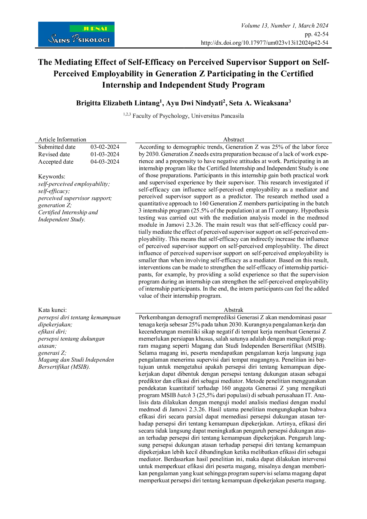 JURIS The Mediating Effect of Self Efficacy on Perceived Supervisor Support on Self Perceived Employability in Generation Z Participating in the Certified Internship and Independent Study Program
