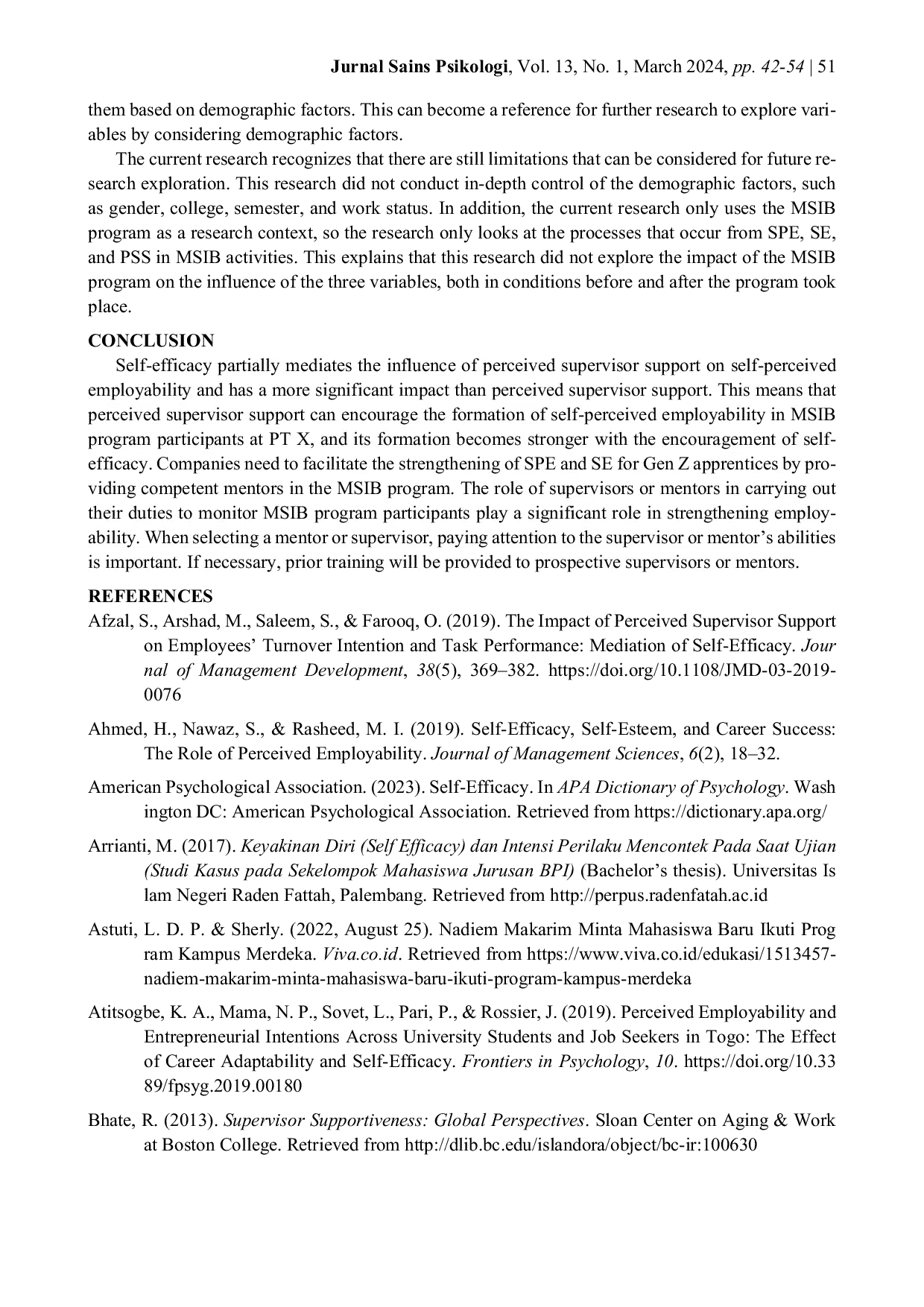 JURIS The Mediating Effect of Self Efficacy on Perceived Supervisor Support on Self Perceived Employability in Generation Z Participating in the Certified Internship and Independent Study Program