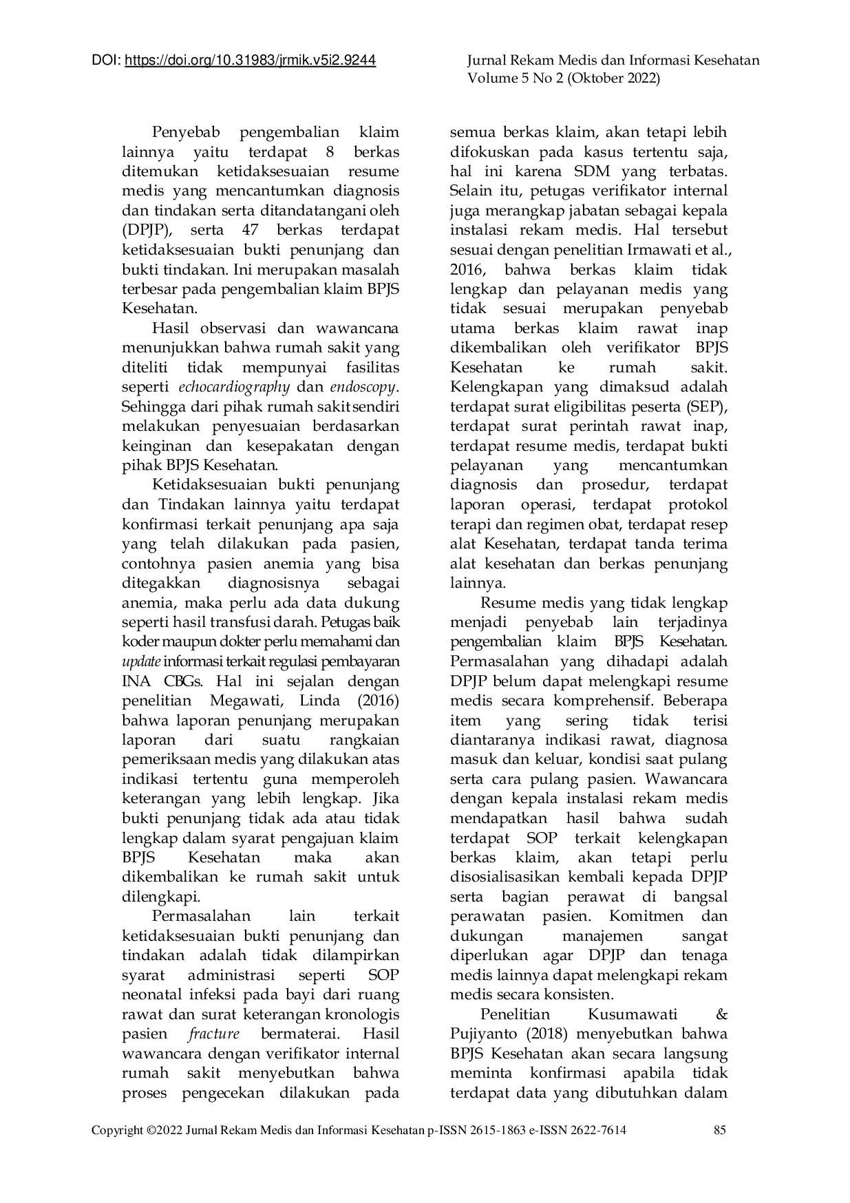 JURIS Tinjauan Penyebab Pengembalian Klaim BPJS Kesehatan Pasien Rawat Inap