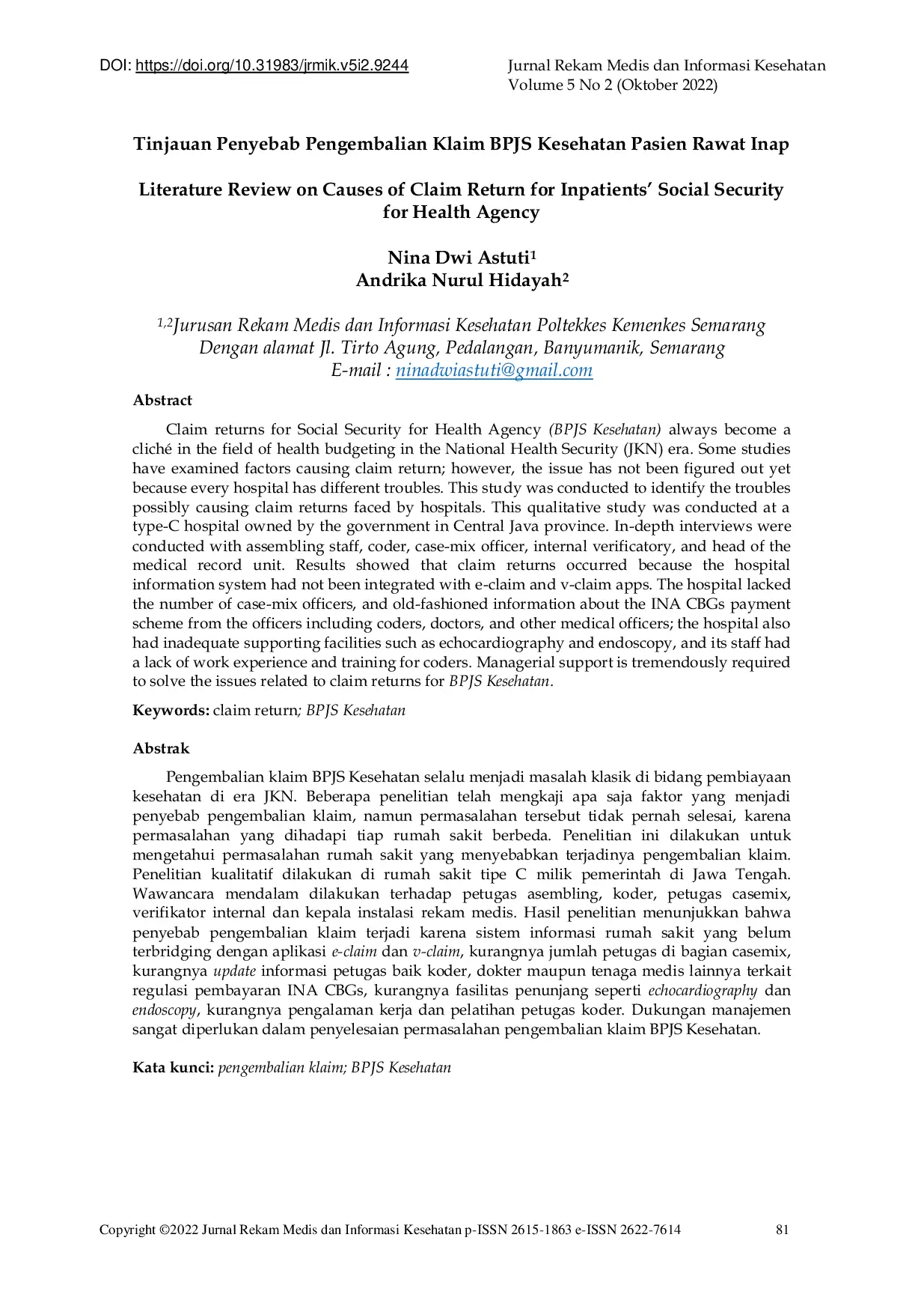 JURIS Tinjauan Penyebab Pengembalian Klaim BPJS Kesehatan Pasien Rawat Inap