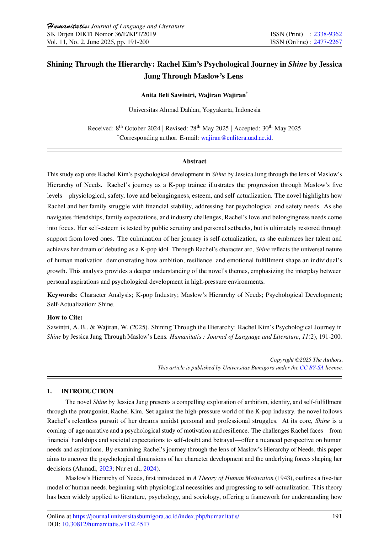 JURIS Shining Through the Hierarchy Rachel Kim s Psychological Journey in Shine by Jessica Jung Through Maslow s Lens