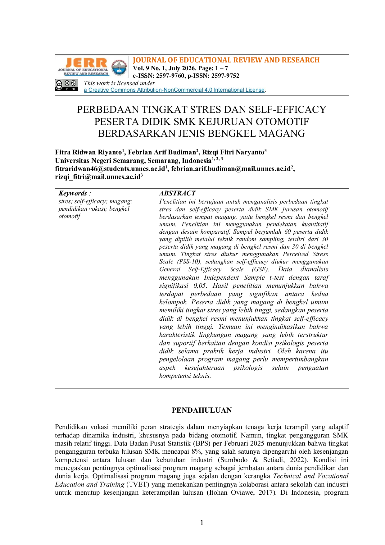 JURIS Perbedaan Tingkat Stres dan Self Efficacy Peserta Didik SMK Kejuruan Otomotif Berdasarkan Jenis Bengkel Magang