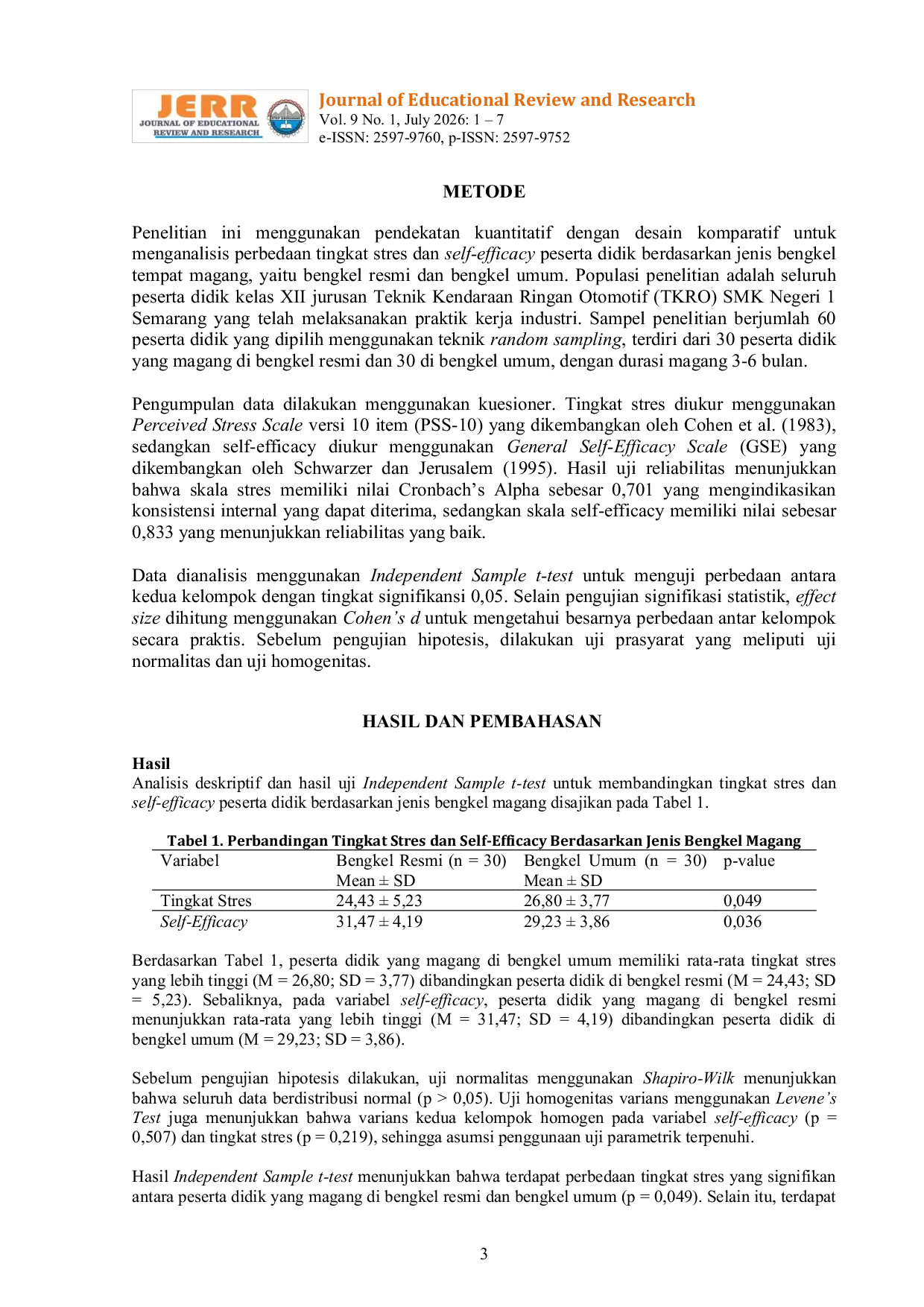 JURIS Perbedaan Tingkat Stres dan Self Efficacy Peserta Didik SMK Kejuruan Otomotif Berdasarkan Jenis Bengkel Magang