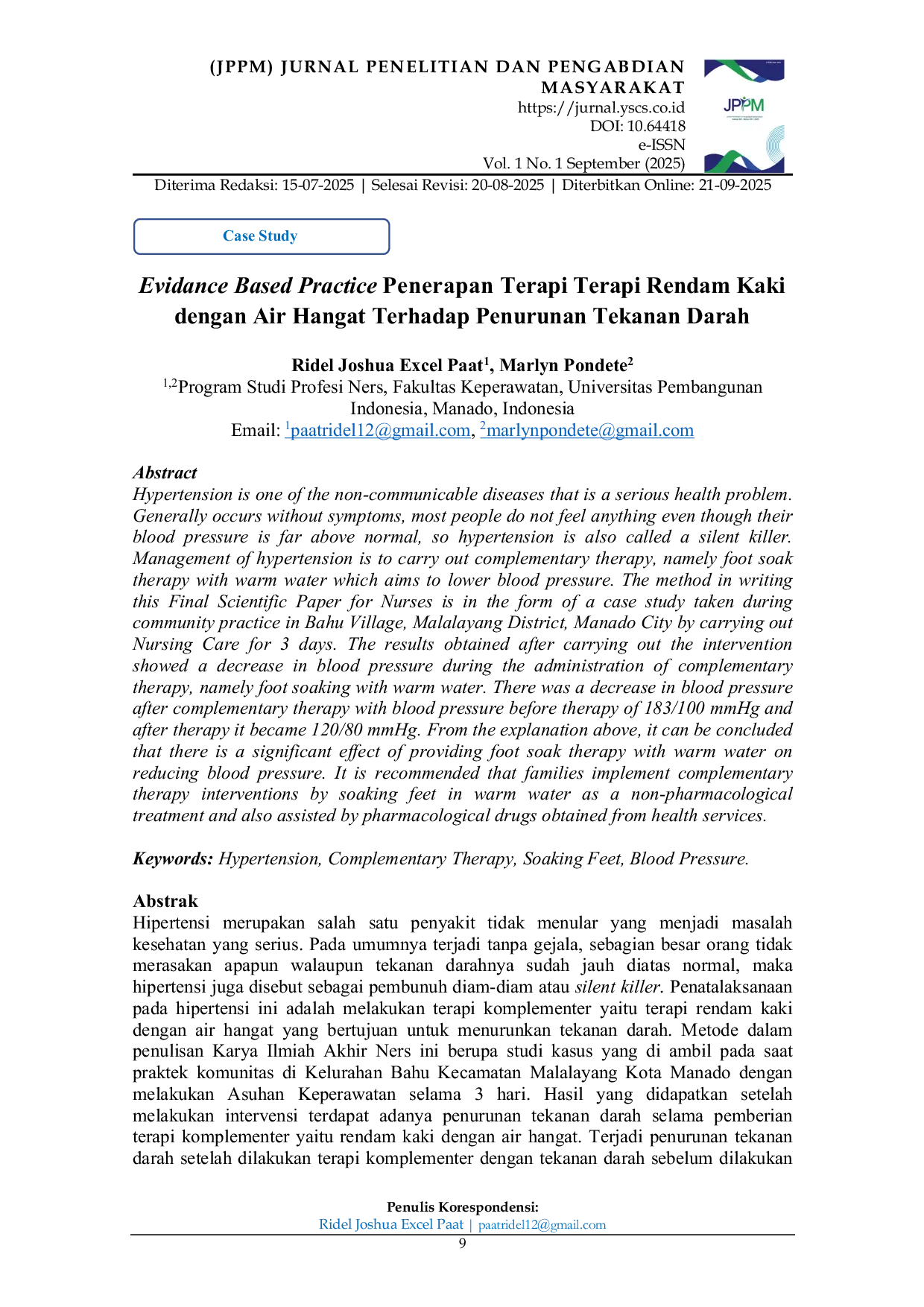JURIS Evidance Based Practice Penerapan Terapi Terapi Rendam Kaki dengan Air Hangat Terhadap Penurunan Tekanan Darah