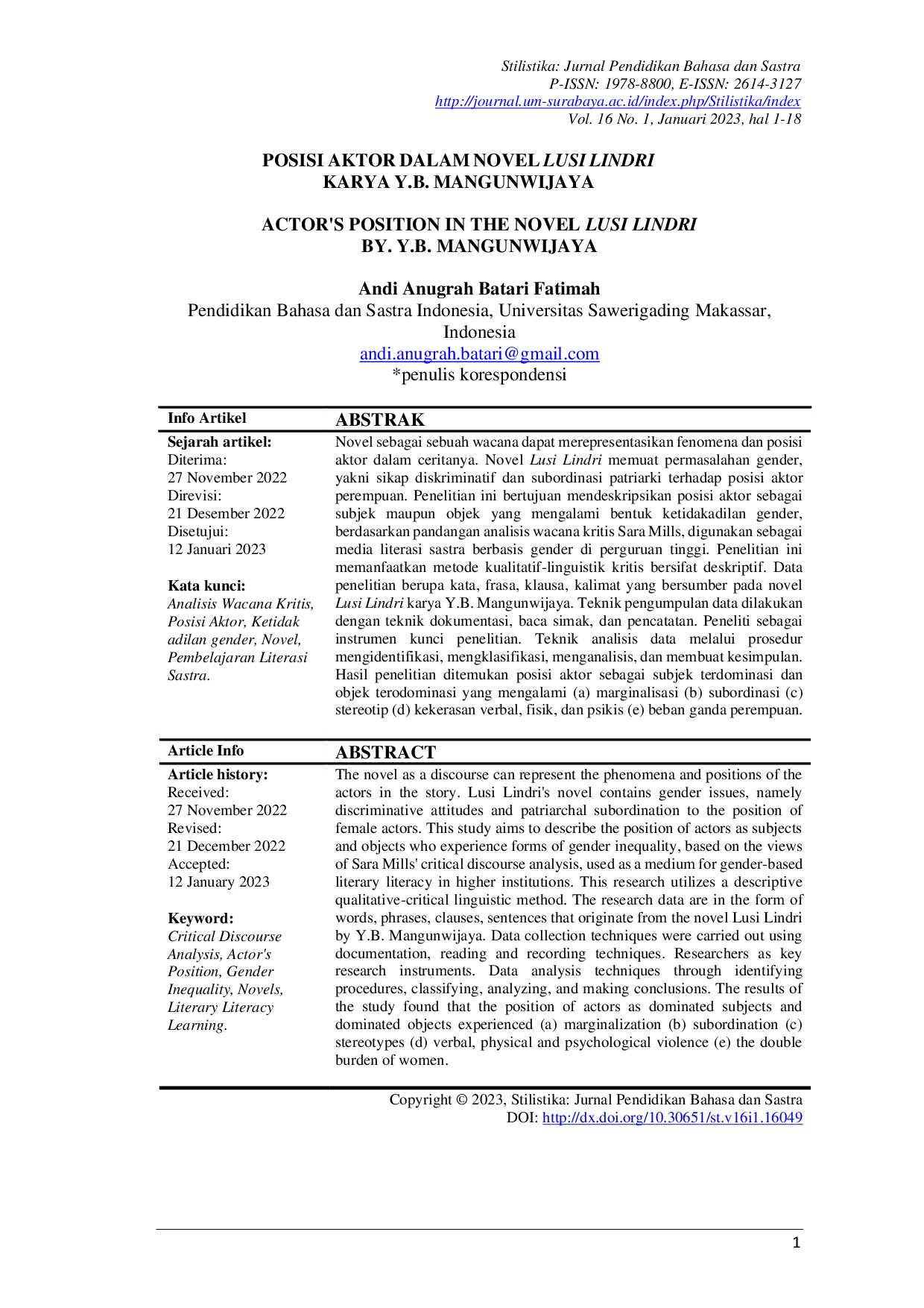 JURIS POSISI AKTOR DALAM NOVEL LUSI LINDRI KARYA Y B MANGUNWIJAYA