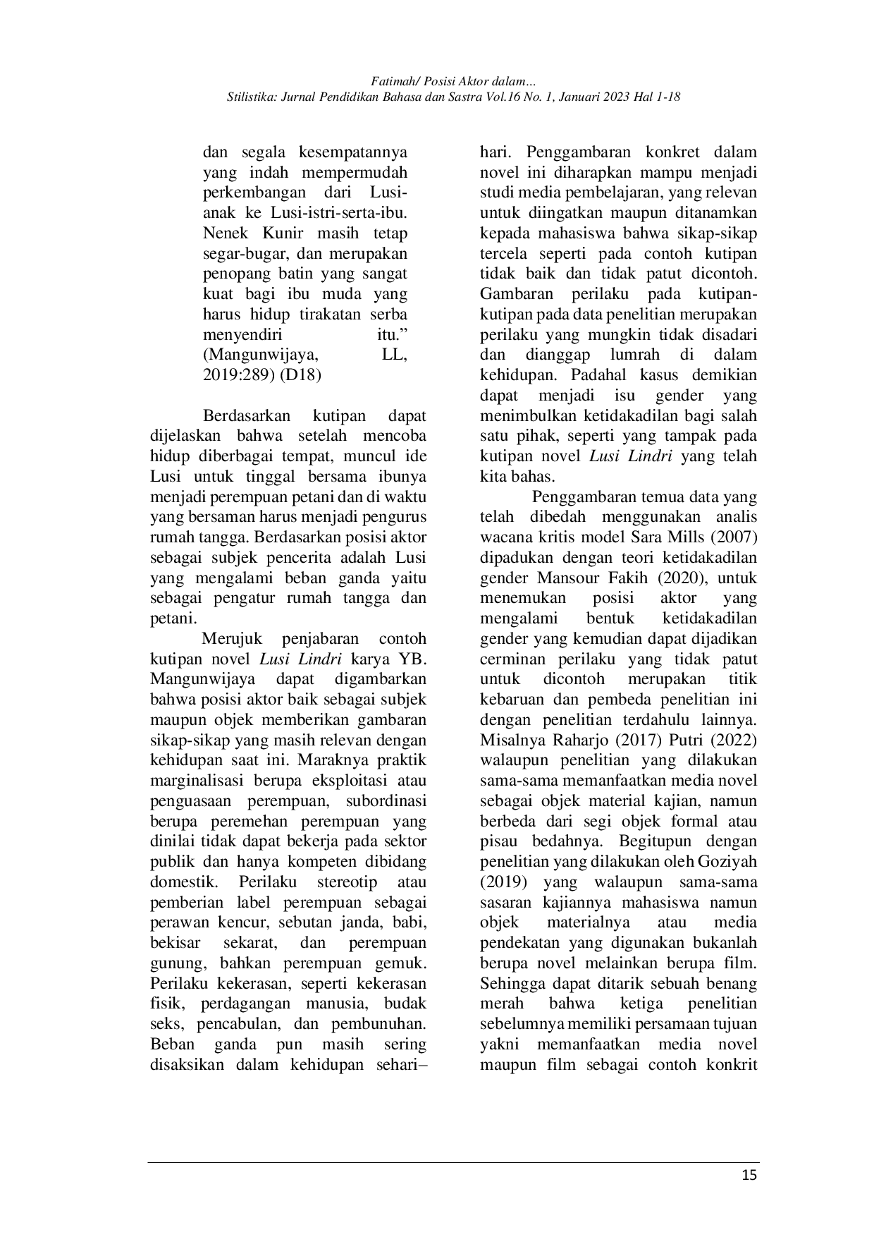 JURIS POSISI AKTOR DALAM NOVEL LUSI LINDRI KARYA Y B MANGUNWIJAYA