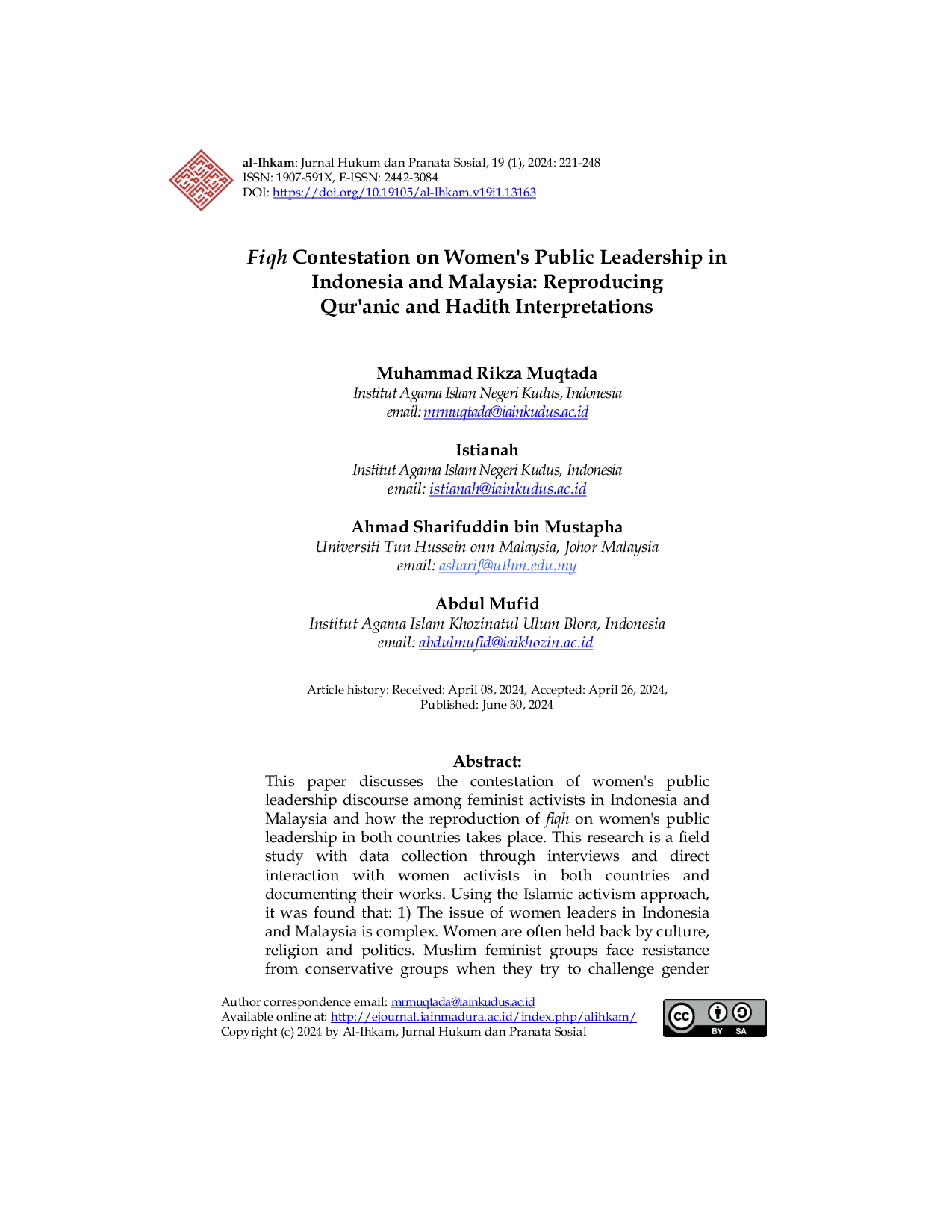 JURIS Fiqh Contestation on Women s Public Leadership in Indonesia and Malaysia Reproducing Qur anic and Hadith Interpretations