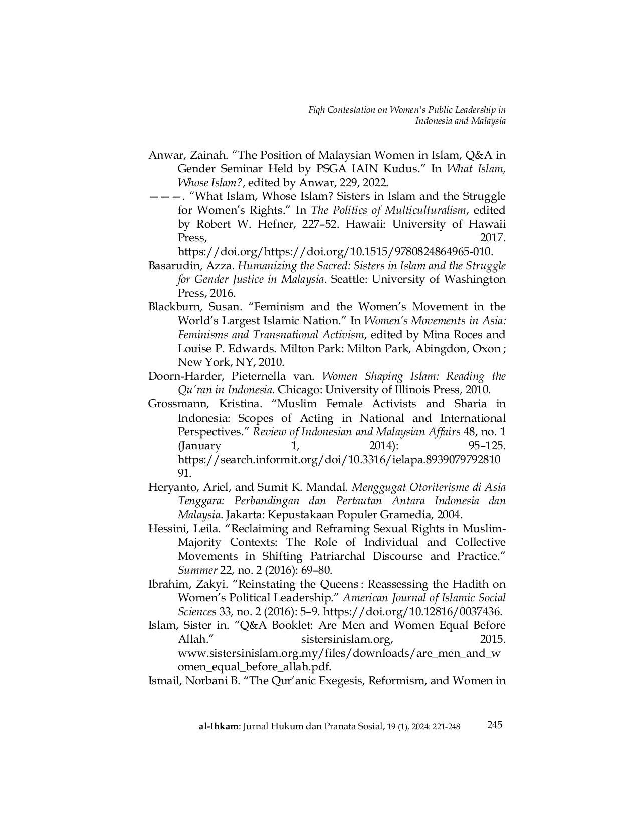 JURIS Fiqh Contestation on Women s Public Leadership in Indonesia and Malaysia Reproducing Qur anic and Hadith Interpretations