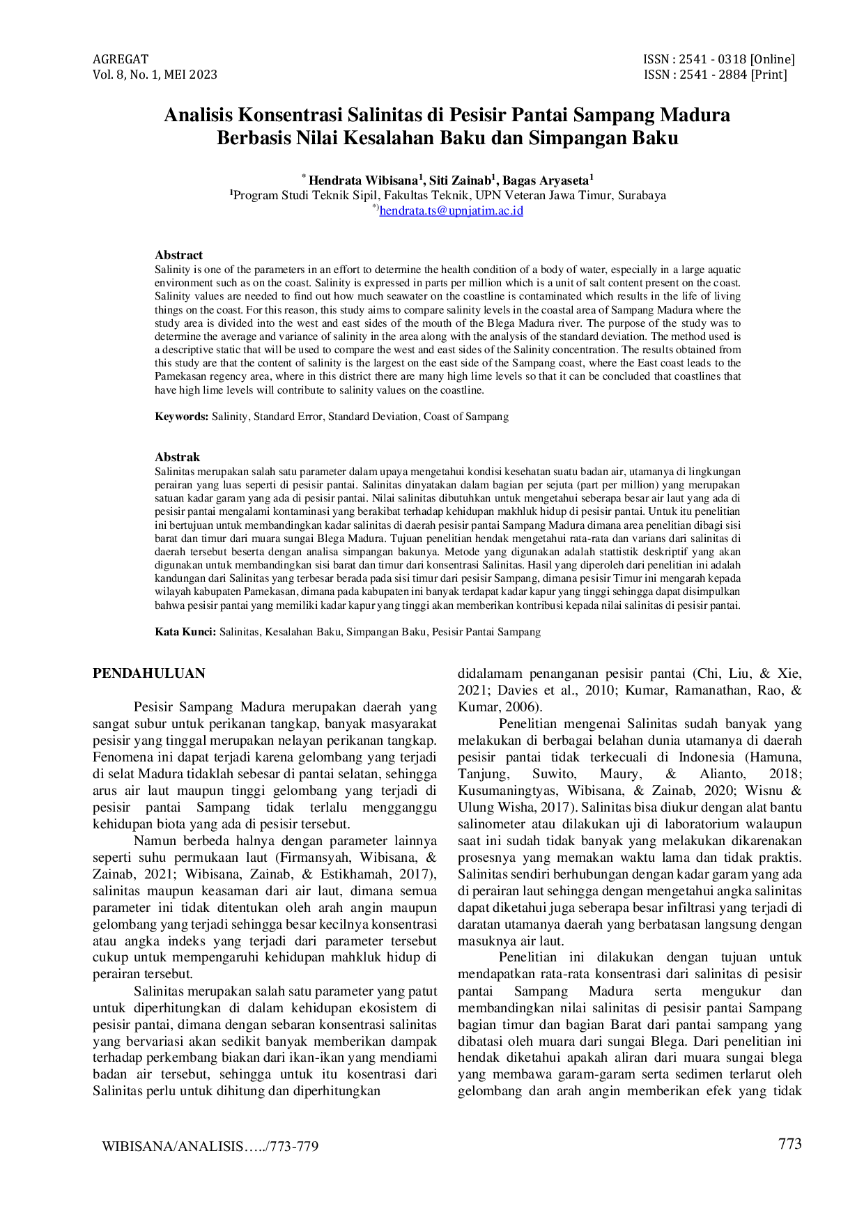 JURIS Analisis Konsentrasi Salinitas di Pesisir Pantai Sampang Madura Berbasis Nilai Kesalahan Baku dan Simpangan Baku