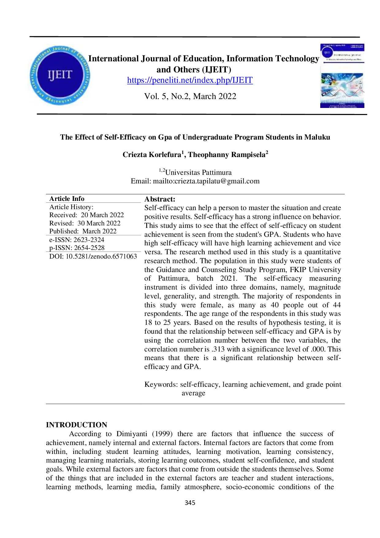 JURIS The Effect of Self Efficacy on GPA of Undergraduate Program Students in Maluku
