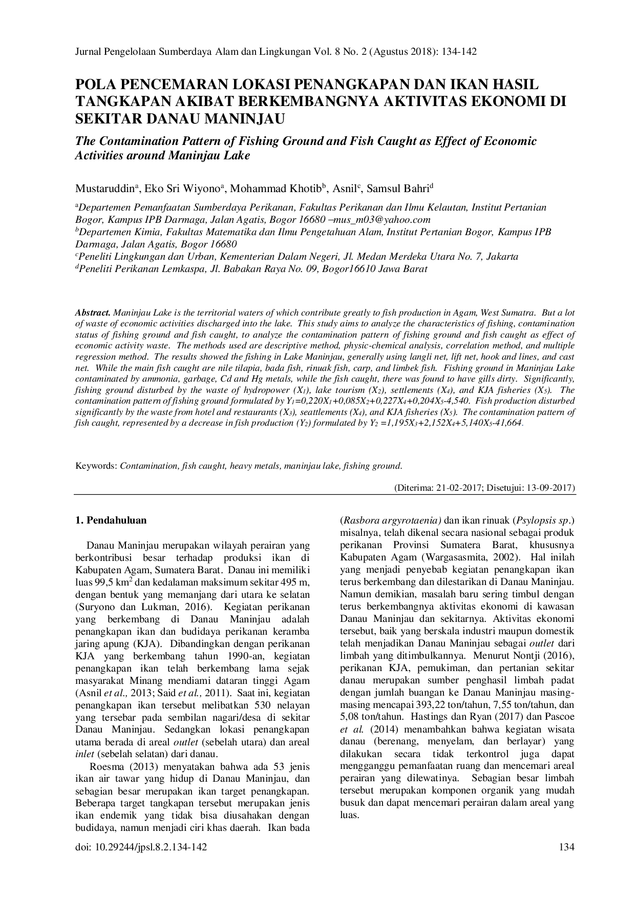 juris Pola Pencemaran Lokasi Penangkapan Dan Ikan Hasil Tangkapan Akibat Berkembangnya Aktivitas Ekonomi Di Sekitar Danau Maninjau