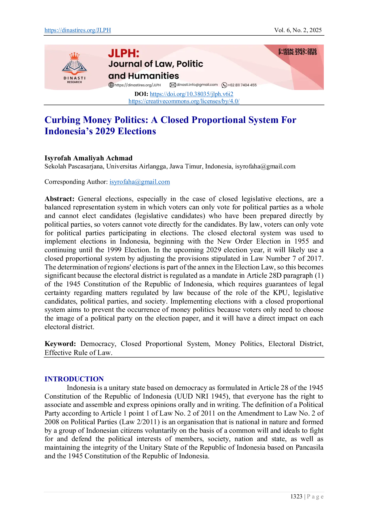 JURIS Curbing Money Politics A Closed Proportional System For Indonesia s 2029 Elections