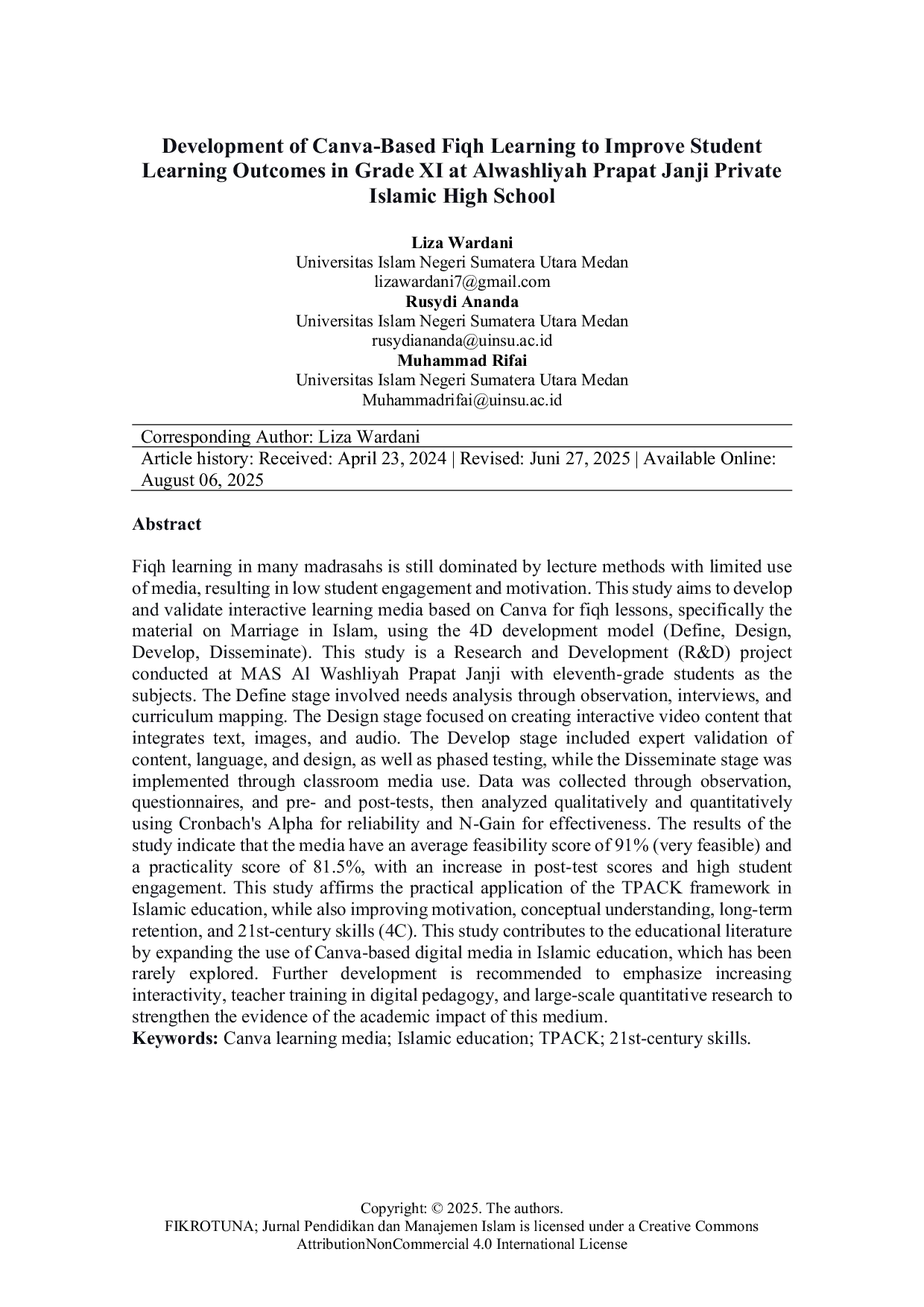 JURIS Pengembangan Pembelajaran Fiqih Berbasis Canva dalam Meningkatkan Hasil Belajar Siswa pada Kelas XI di Madrasah Aliyah Swasta Alwashliyah Prapat Janji