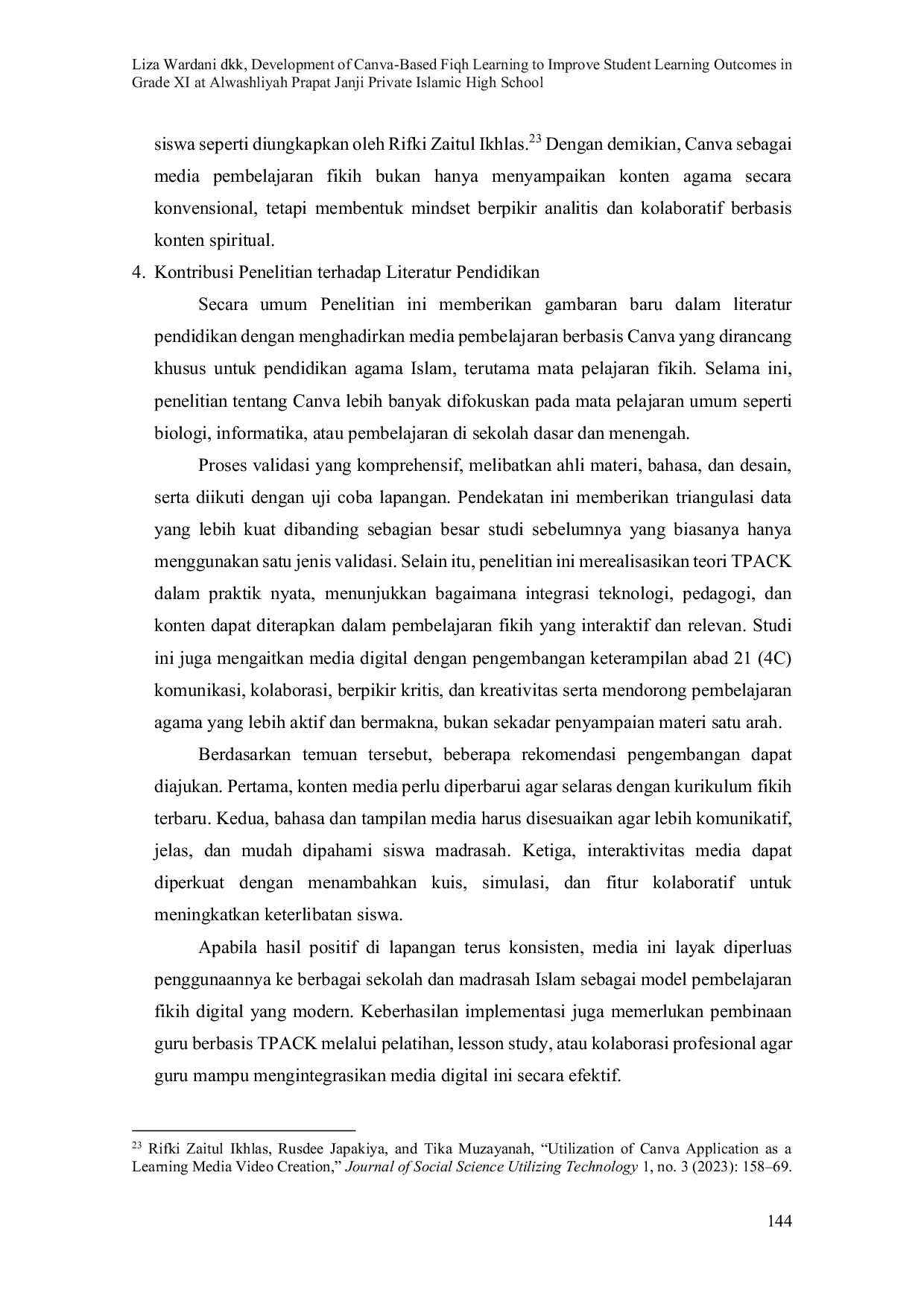 JURIS Pengembangan Pembelajaran Fiqih Berbasis Canva dalam Meningkatkan Hasil Belajar Siswa pada Kelas XI di Madrasah Aliyah Swasta Alwashliyah Prapat Janji