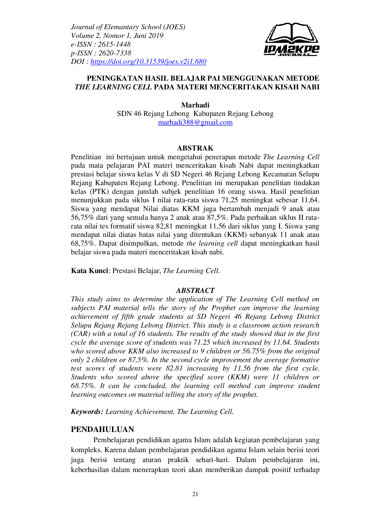 JURIS Peningkatan Hasil Belajar PAI Menggunakan Metode The Learning Cell pada Materi Menceritakan Kisah Nabi