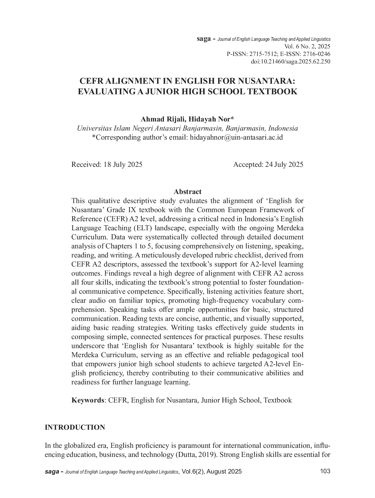 JURIS CEFR Alignment In English for Nusantara Evaluating a Junior High School Textbook