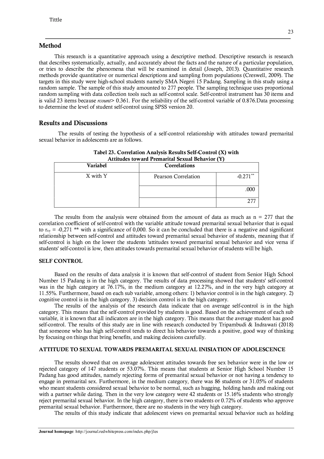 JURIS Relationship between Self Control and Attitudes Towards Premarital Sexual Inisiation of Adolescence