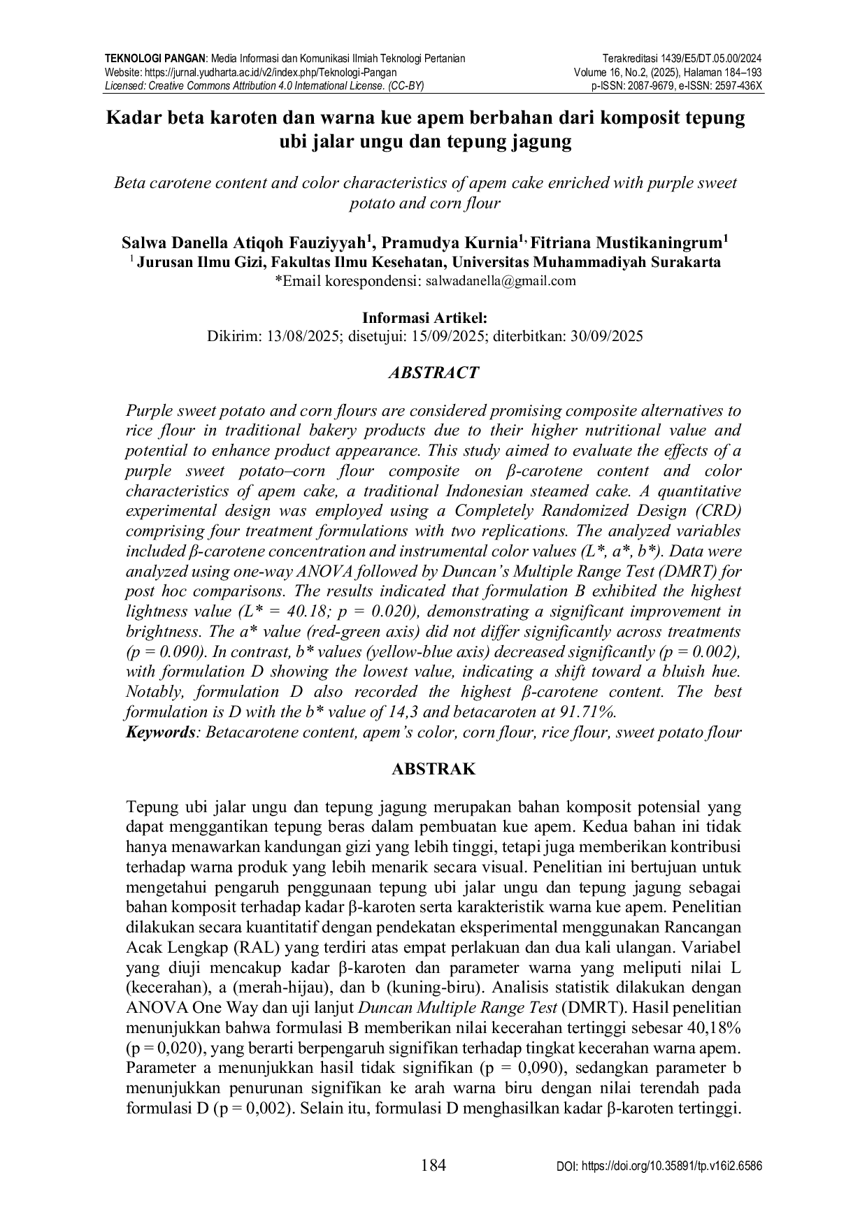 JURIS Kadar beta karoten dan warna kue apem berbahan dari komposit tepung ubi jalar ungu dan tepung jagung Beta carotene content and color characteristics of apem cake enriched with purple sweet potato and