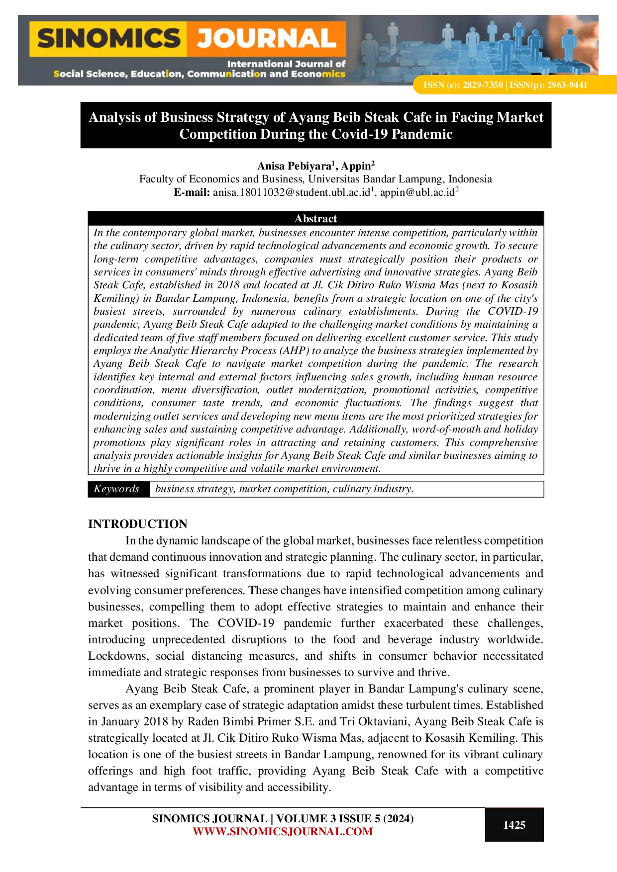 JURIS Analysis of Business Strategy of Ayang Beib Steak Cafe in Facing Market Competition During the Covid 19 Pandemic