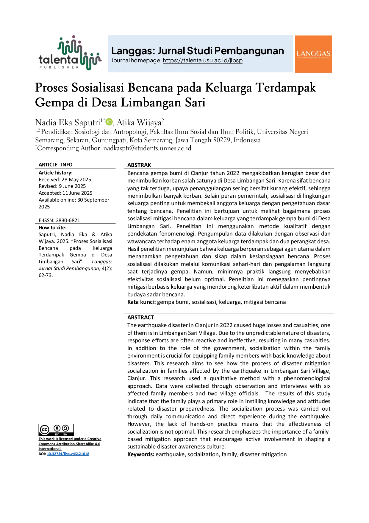 JURIS Proses Sosialisasi Mitigasi Bencana pada Keluarga Terdampak Gempa Bumi di Desa Limbangan Sari