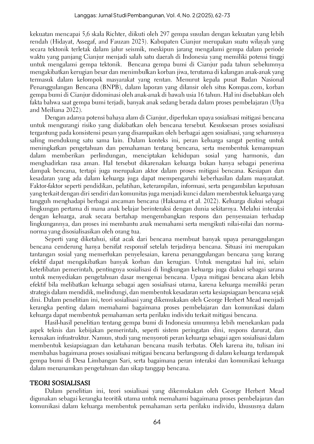 JURIS Proses Sosialisasi Mitigasi Bencana pada Keluarga Terdampak Gempa Bumi di Desa Limbangan Sari