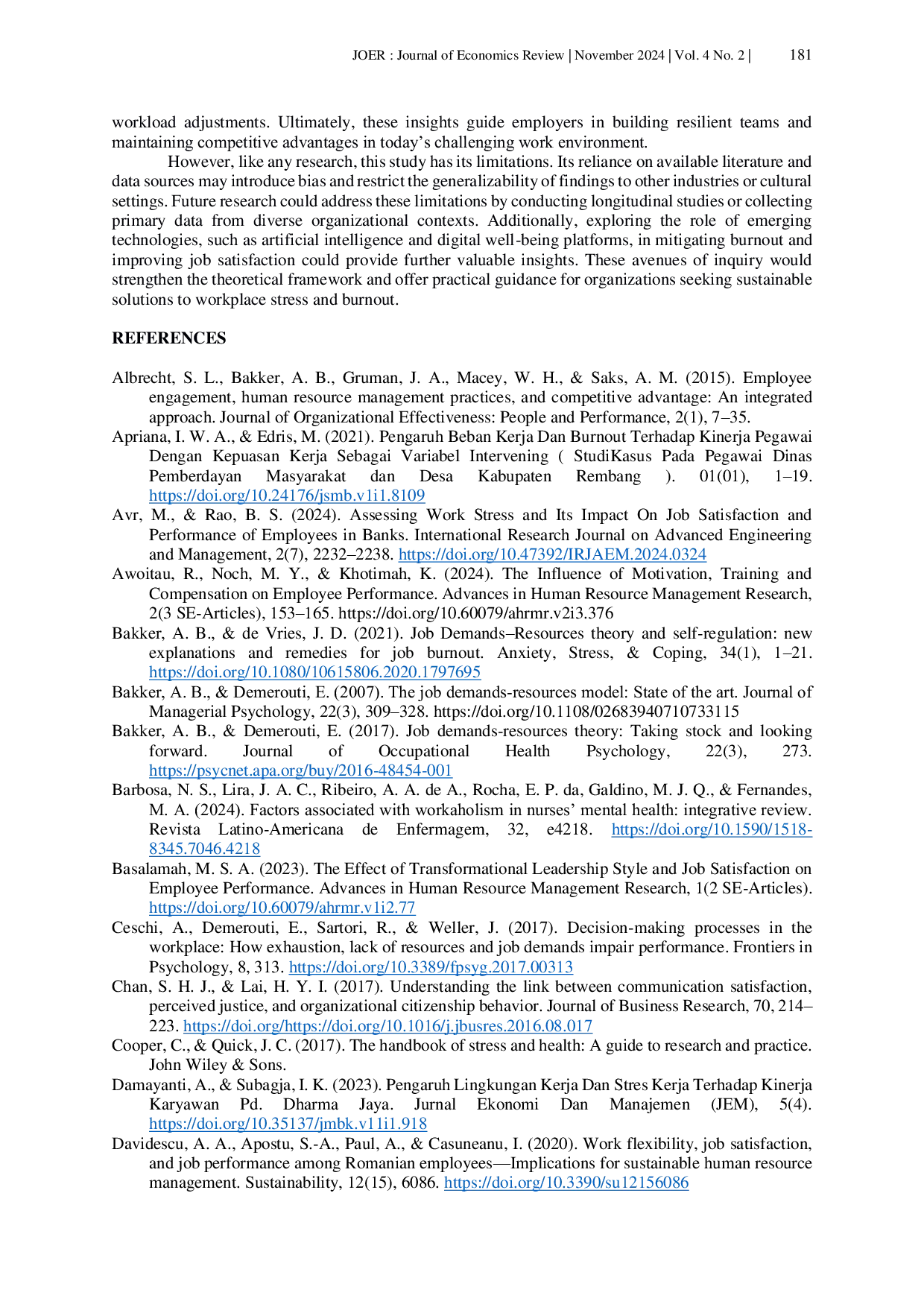 JURIS Impact of Job Stress and Burnout on Employee Satisfaction and Performance in the Work Environment