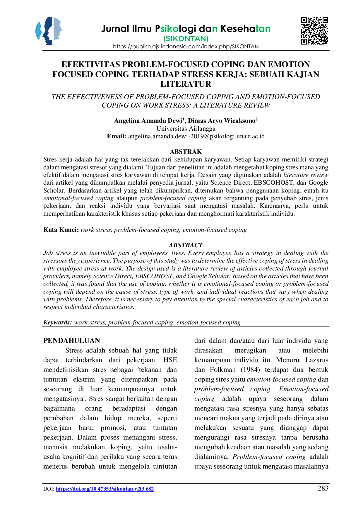 JURIS Efektivitas Problem Focused Coping Dan Emotion Focused Coping Terhadap Stress Kerja Sebuah Kajian Literatur