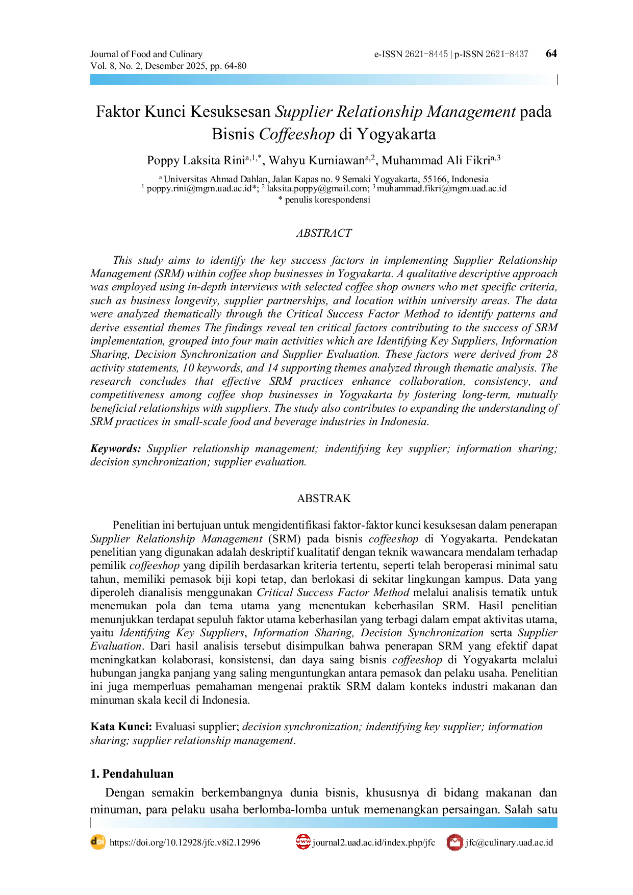 JURIS Faktor Kunci Kesuksesan Supplier Relationship Management pada Bisnis Coffeeshop di Yogyakarta