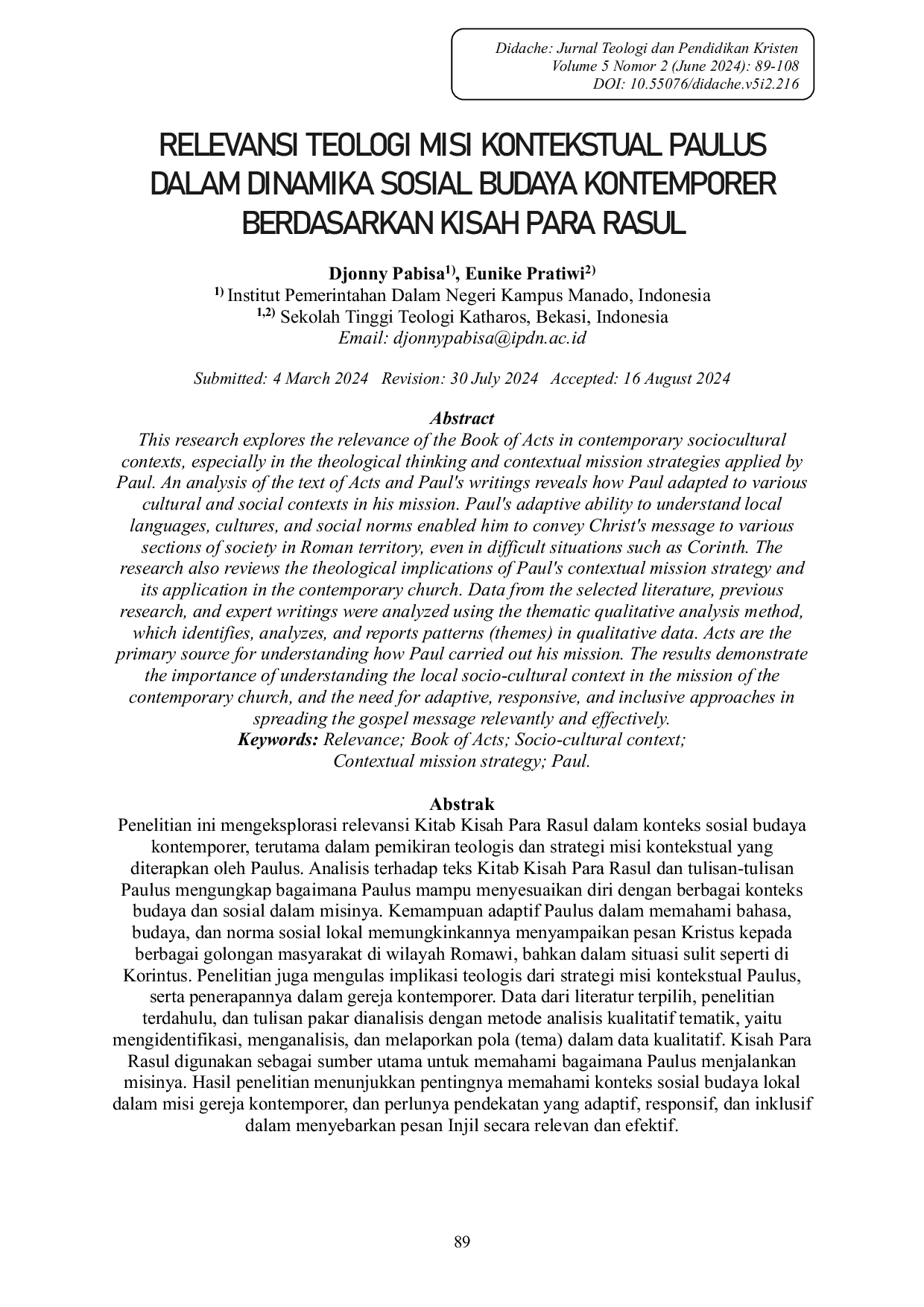 JURIS Relevansi Teologi Misi Kontekstual Paulus dalam Dinamika Sosial Budaya Kontemporer Berdasarkan Kisah Para Rasul