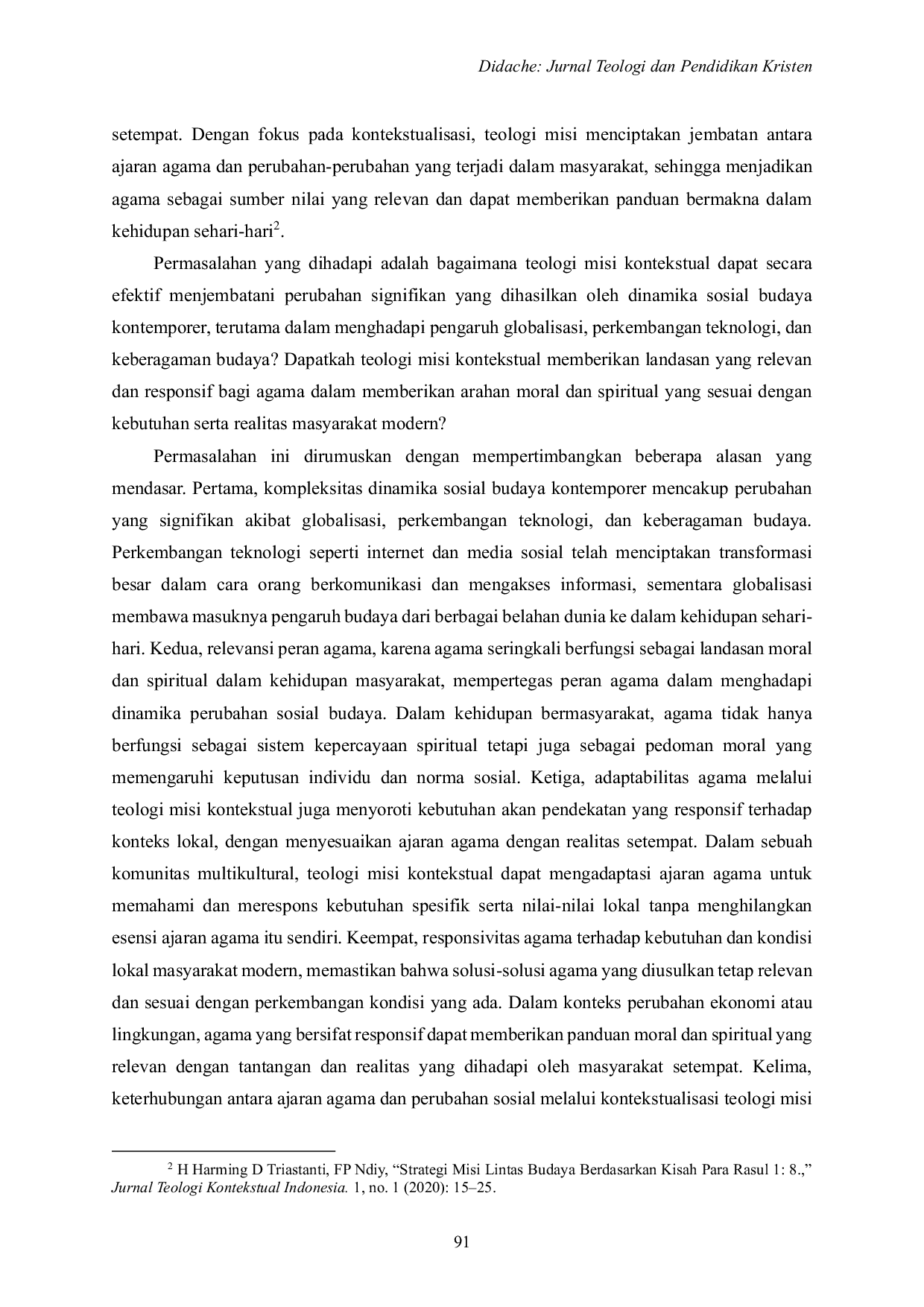 JURIS Relevansi Teologi Misi Kontekstual Paulus dalam Dinamika Sosial Budaya Kontemporer Berdasarkan Kisah Para Rasul