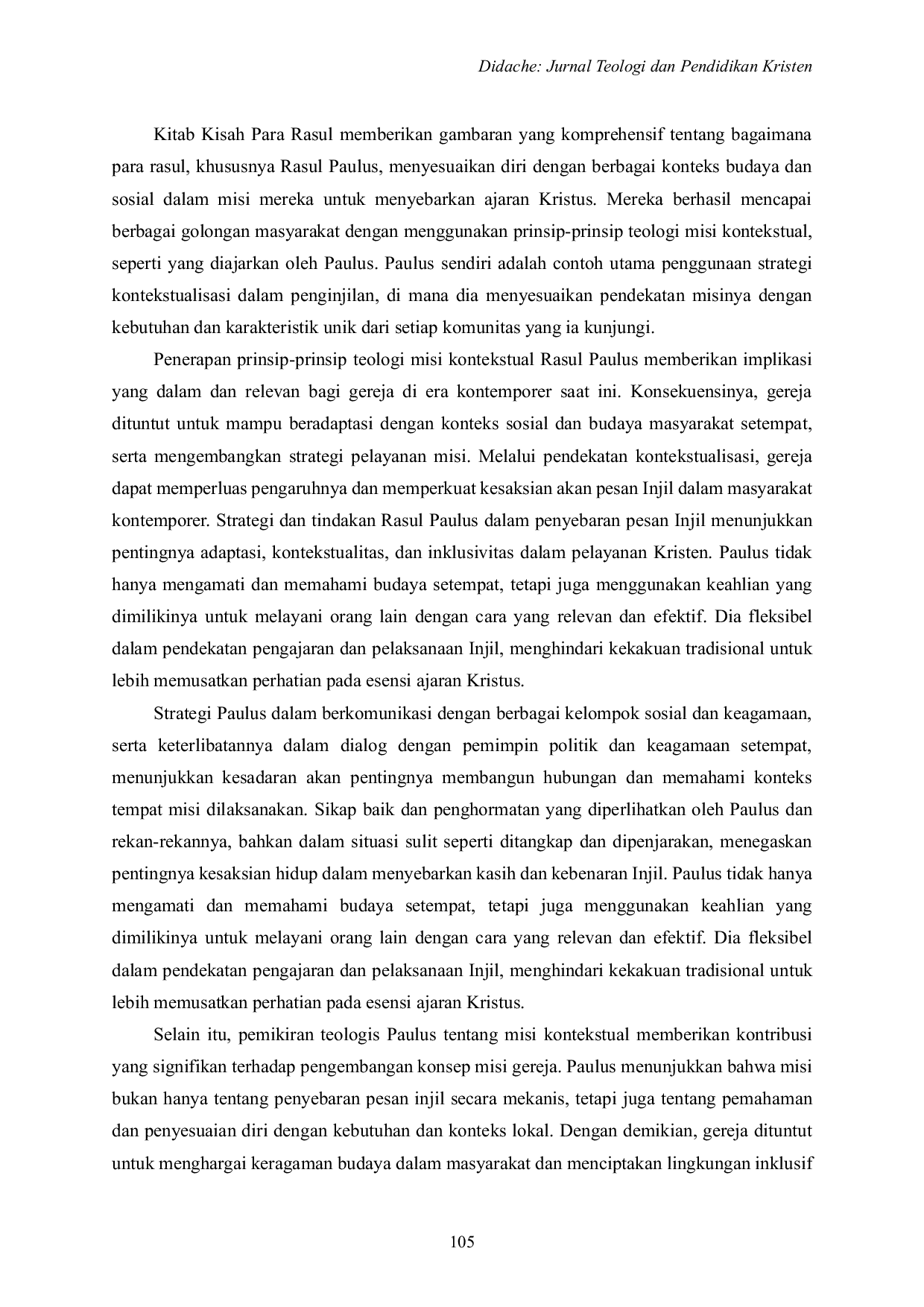 JURIS Relevansi Teologi Misi Kontekstual Paulus dalam Dinamika Sosial Budaya Kontemporer Berdasarkan Kisah Para Rasul