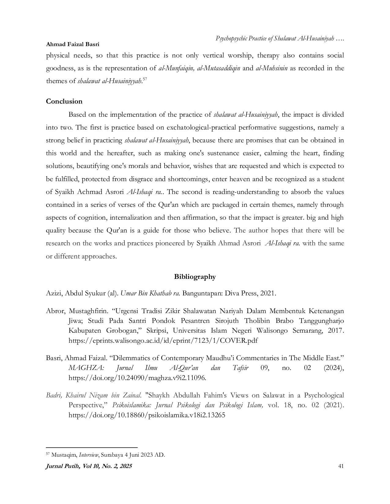 JURIS Psychopsychic Practice of Shalawat Al Husainiyah at Jama ah Al Khidmah