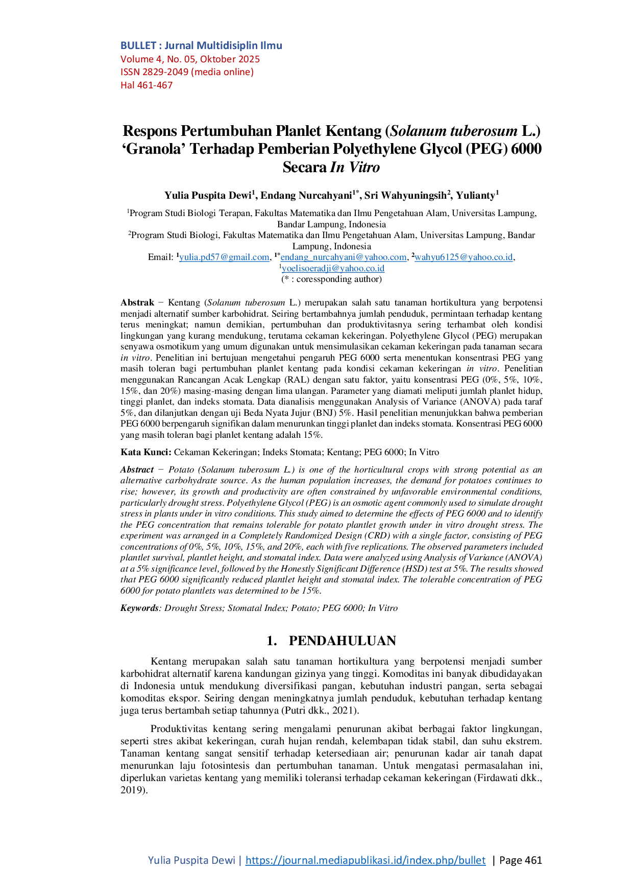 JURIS Respons Pertumbuhan Planlet Kentang Solanum tuberosum L Granola Terhadap Pemberian Polyethylene Glycol PEG 6000 Secara In Vitro