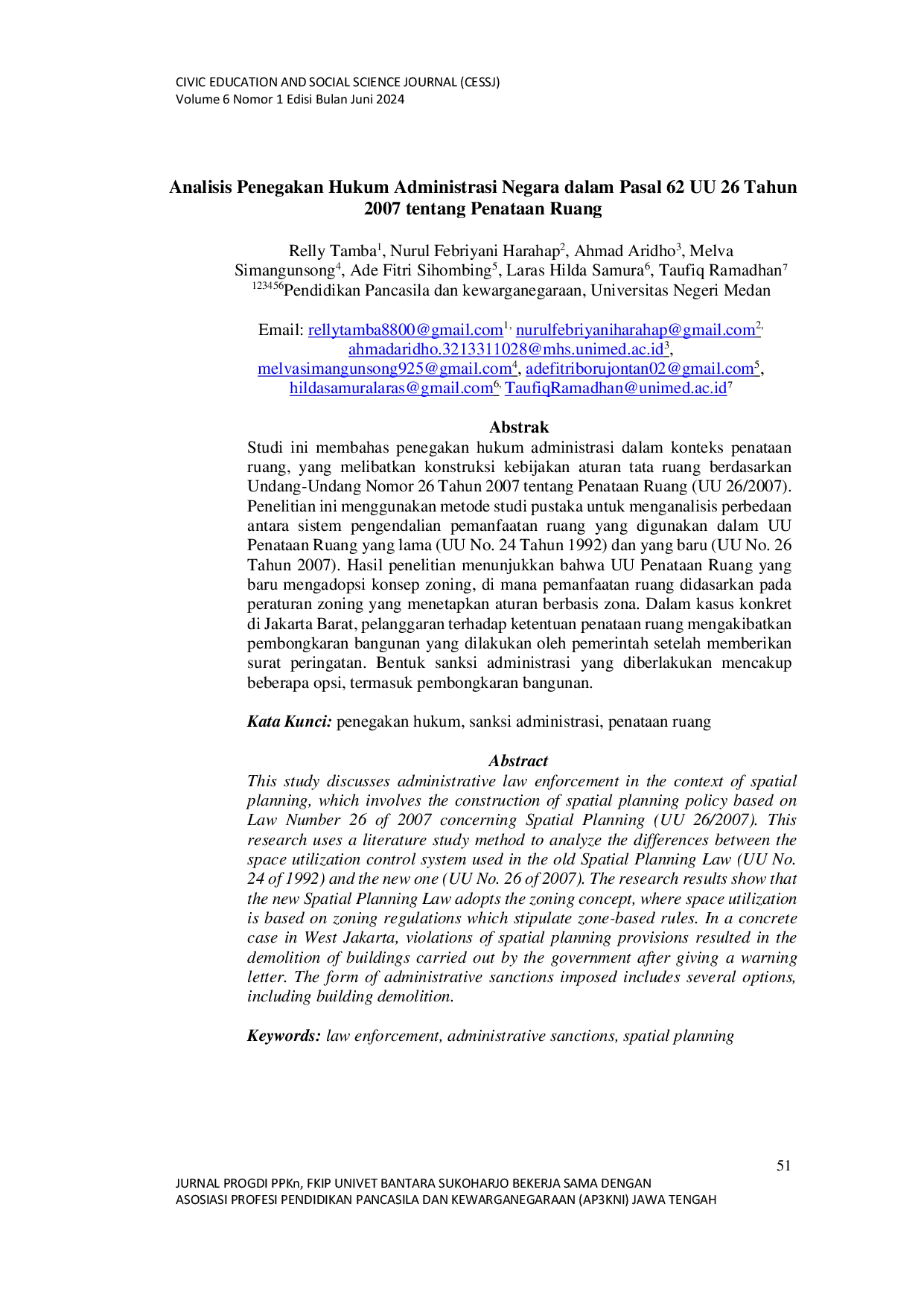 JURIS Analisis Penegakan Hukum Administrasi Negara dalam Pasal 62 UU 26 Tahun 2007 tentang Penataan Ruang