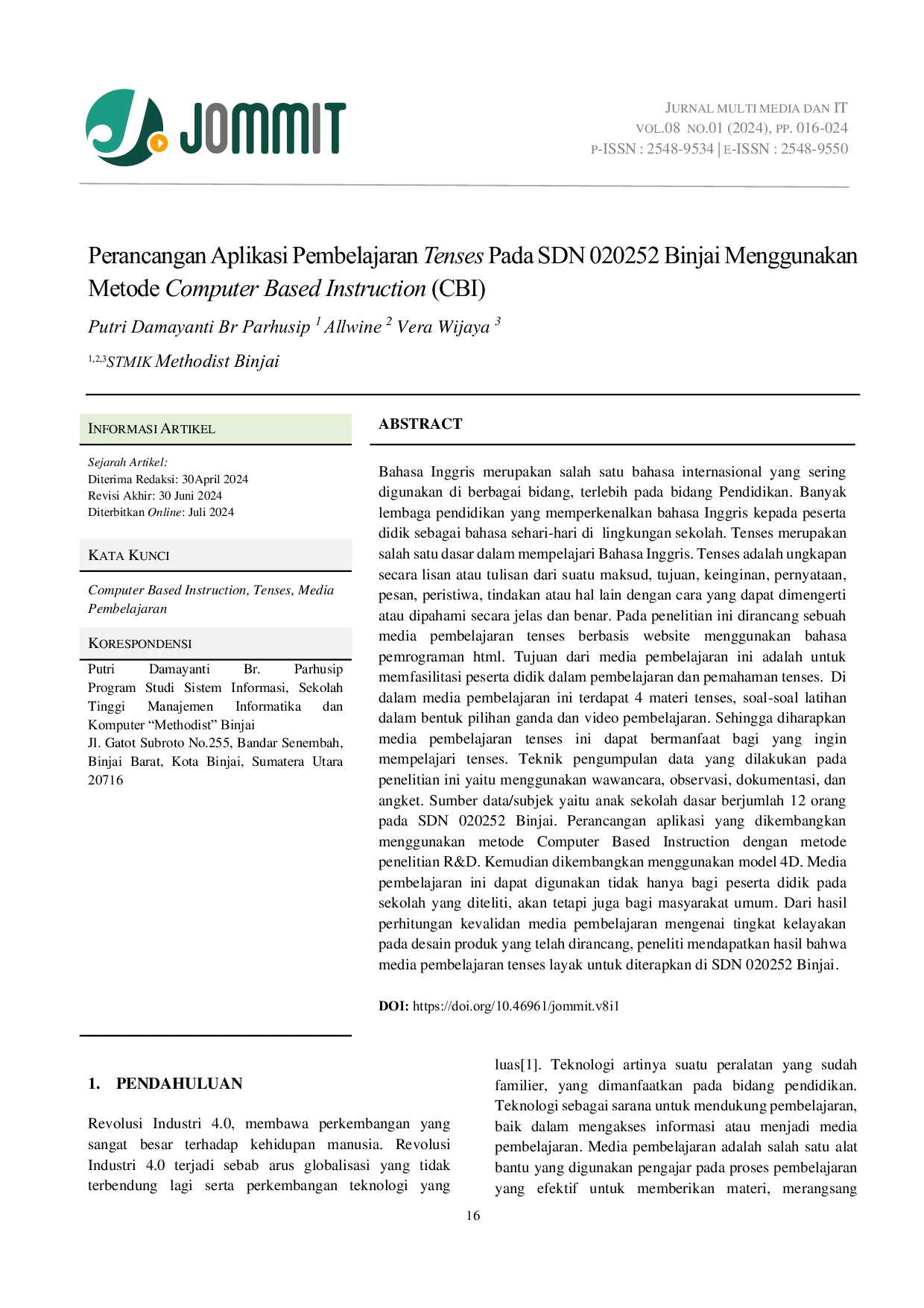 JURIS Perancangan Aplikasi Pembelajaran Tenses Pada SDN 020252 Binjai Menggunakan Metode Computer Based Instruction CBI
