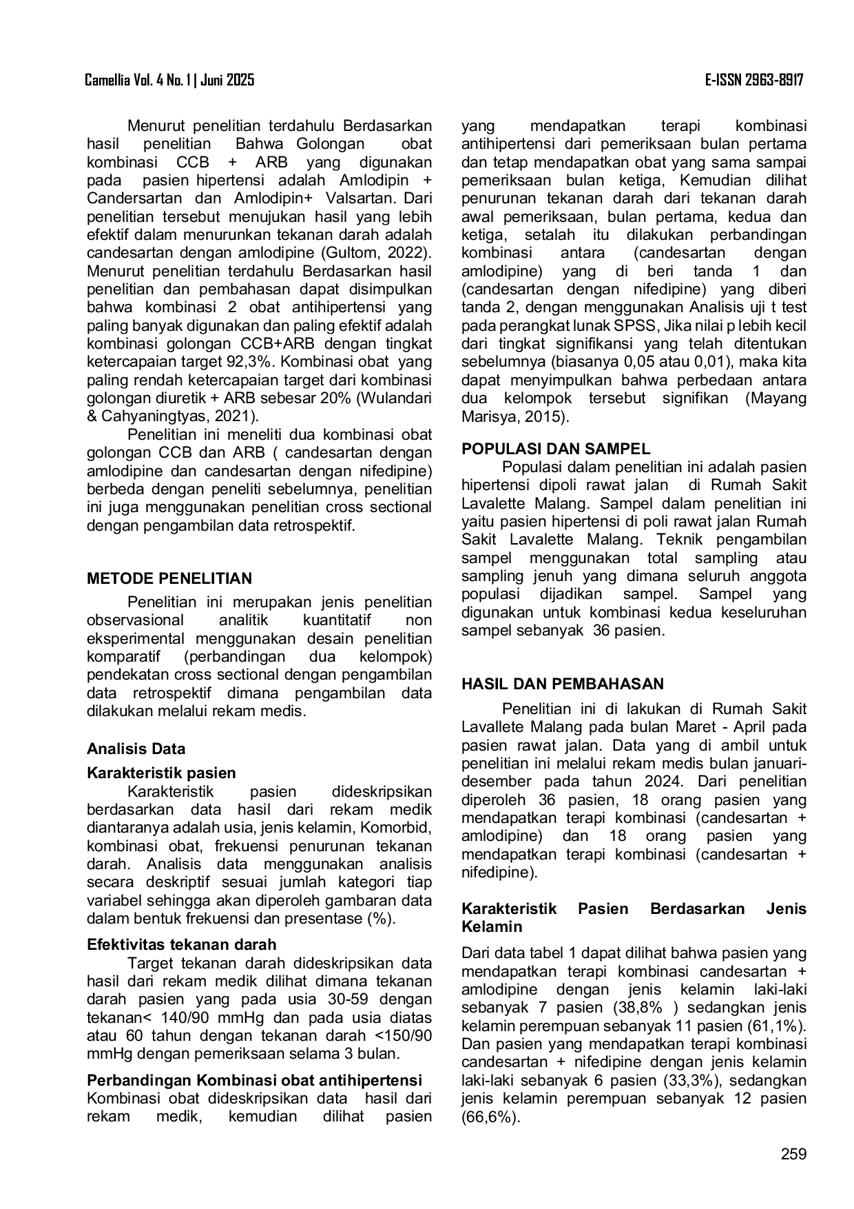 JURIS Perbandingan Efektivitas Terapi Kombinasi Candesartan Dengan Amlodipine dan Candesartan Dengan Nifedipine Pada Pasien Hipertensi Di RS Lavalette Malang