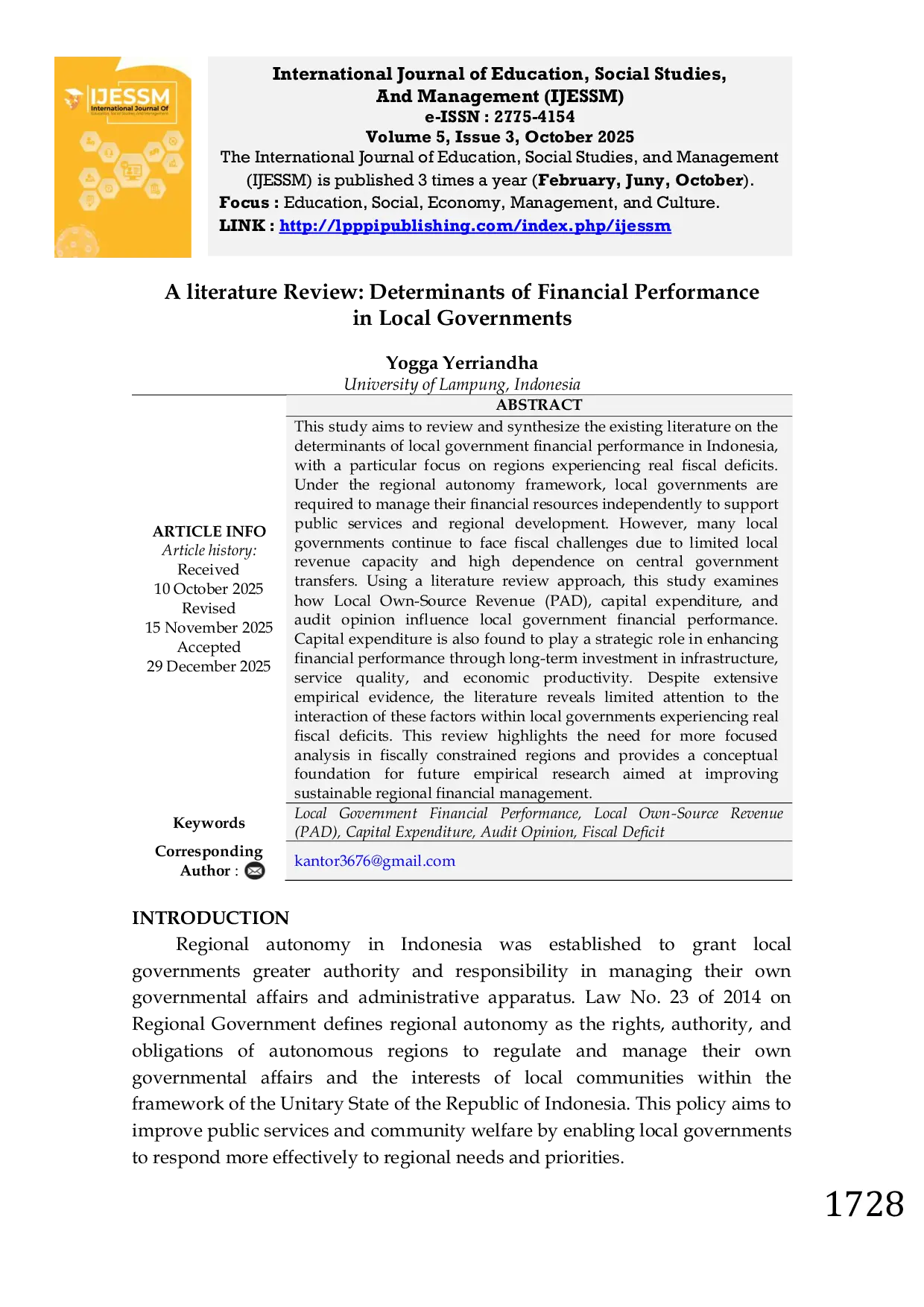 JURIS A literature Review Determinants of Financial Performance in Local Governments