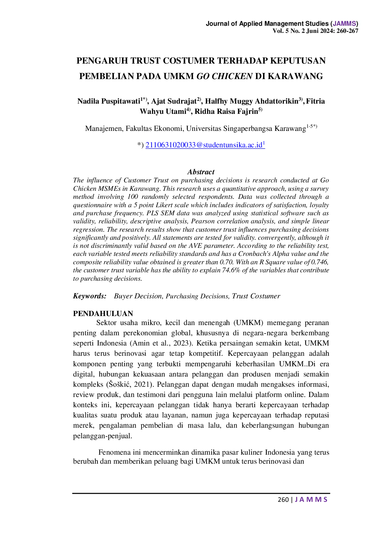 JURIS Pengaruh Trust Costumer Terhadap Keputusan Pembelian Pada UMKM Go Chicken Di Karawang