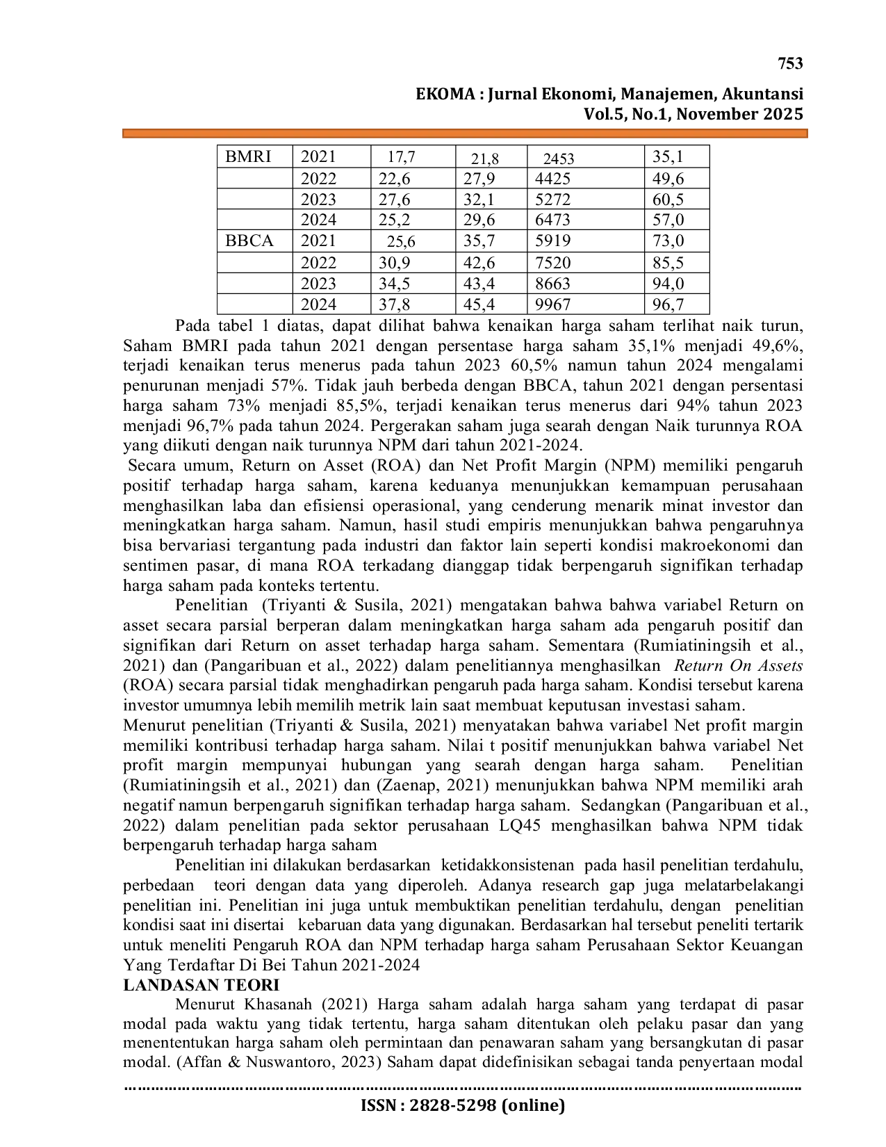JURIS Pengaruh Return On Assets Dan Net Profit Margin Terhadap Harga Saham Perusahaan Sektor Keuangan Yang Terdaftar Di BEI Tahun 2021 2024