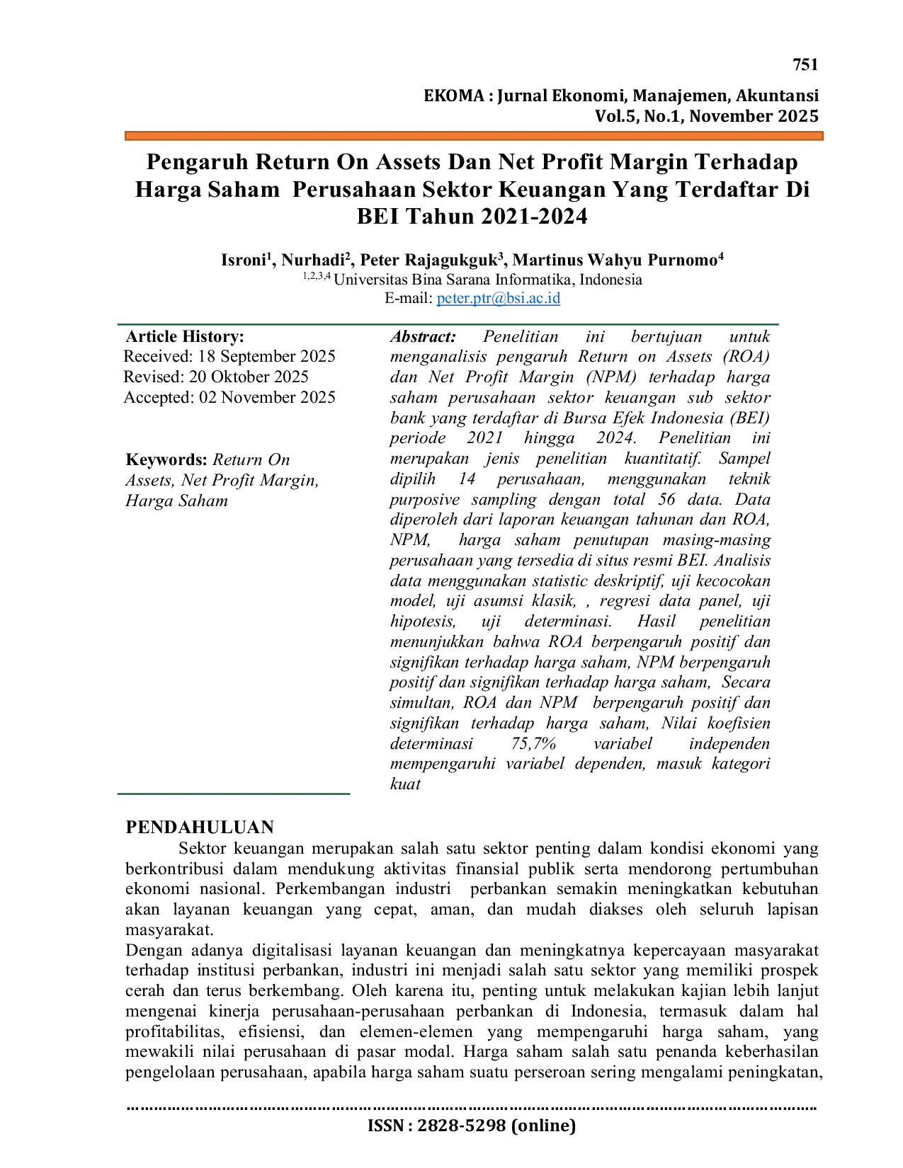 JURIS Pengaruh Return On Assets Dan Net Profit Margin Terhadap Harga Saham Perusahaan Sektor Keuangan Yang Terdaftar Di BEI Tahun 2021 2024