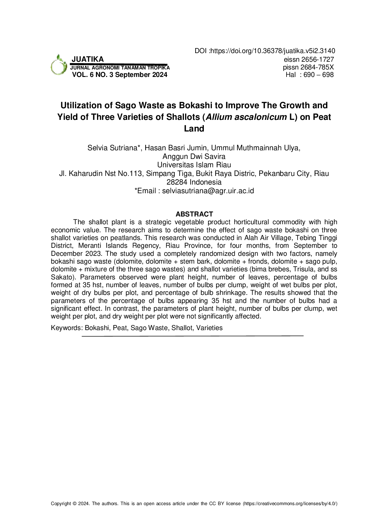 JURIS Utilization of Sago Waste as Bokashi to Improve The Growth and Yield of Three Varieties of Shallots Allium ascalonicum L on Peat Land