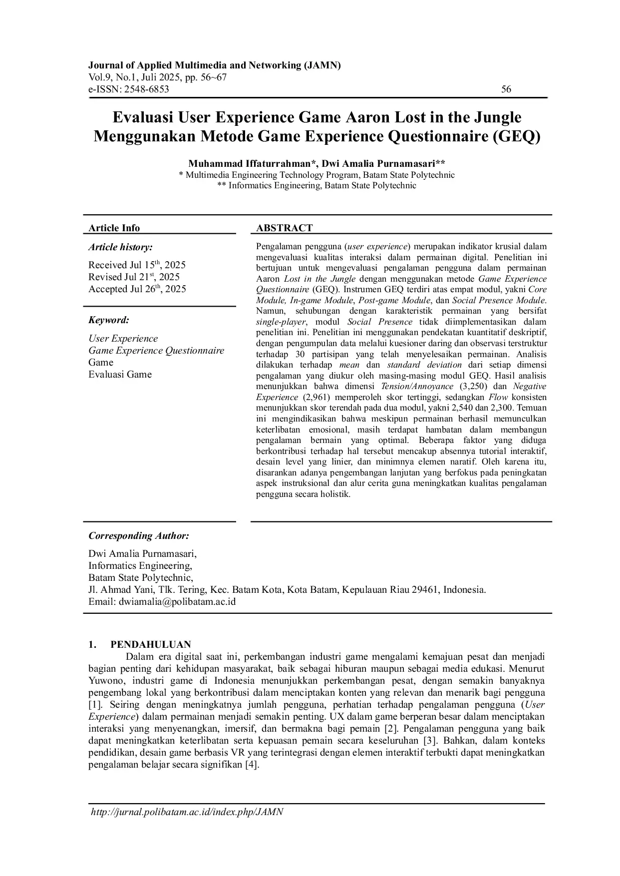 JURIS Evaluasi User Experience Game Aaron Lost in the Jungle Menggunakan Metode Game Experience Questionnaire GEQ