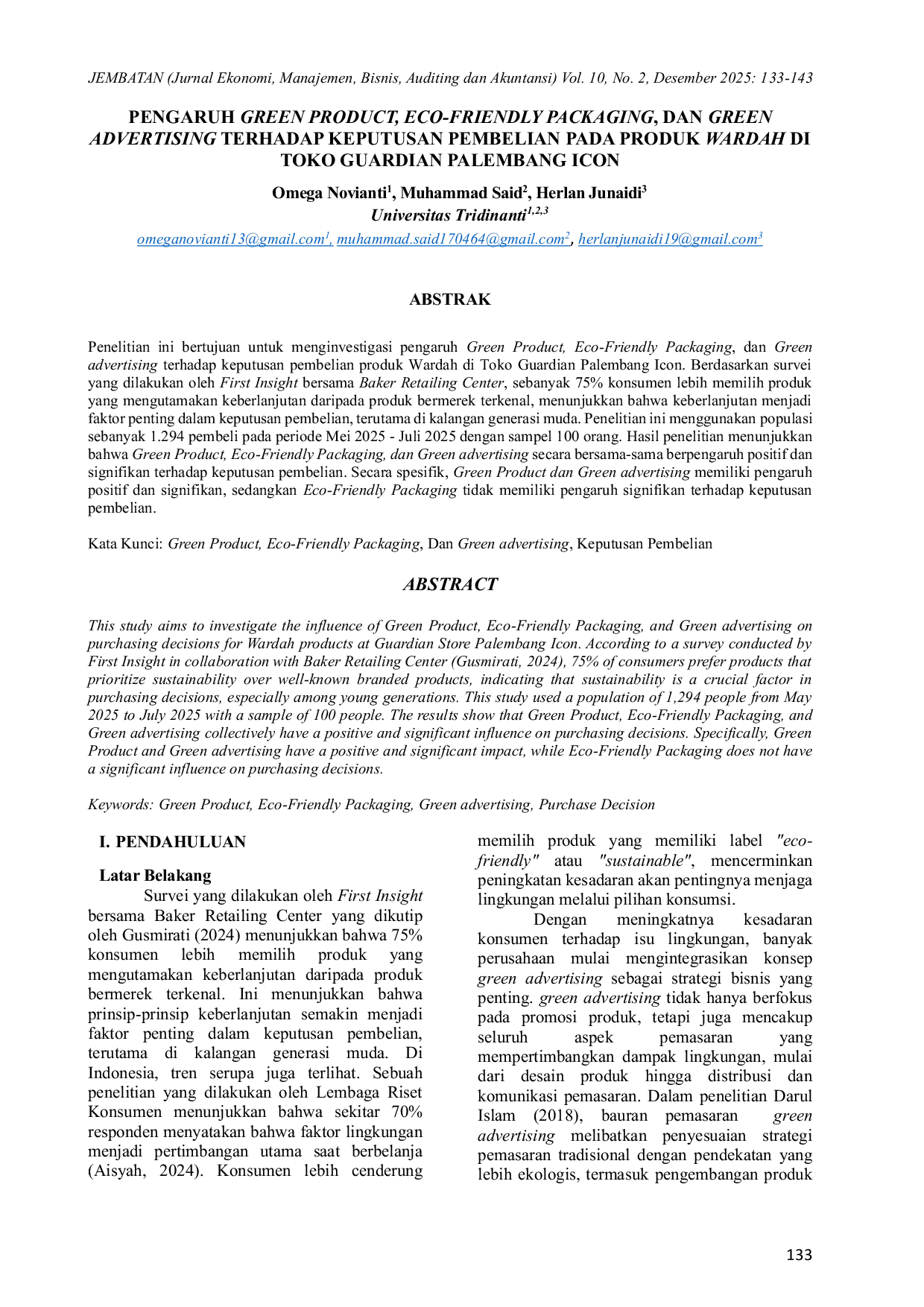 JURIS Pengaruh Green Product Eco Friendly Packaging Dan Green Advertising Terhadap Keputusan Pembelian Pada Produk Wardah Di Toko Guardian Palembang Icon