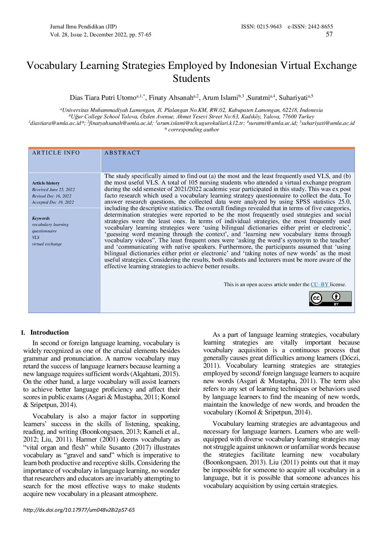 JURIS Vocabulary Learning Strategies Employed by Indonesian Virtual Exchange Students